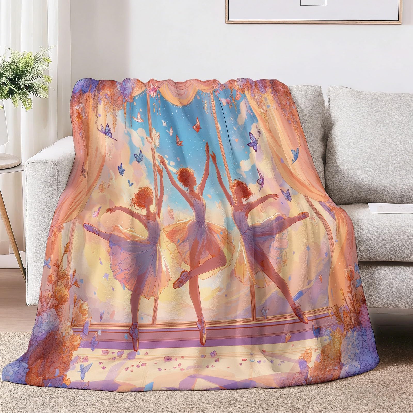 Beżowy koc z kreskówki baleriny, 200 x 200 cm, miękki, przytulny, flanelowy, puszysty, prezent dla kobiet, mężczyzn, urodziny, scena, motyl, chmury, wzór, hipoalergiczny, narzuta na sofę, łóżko