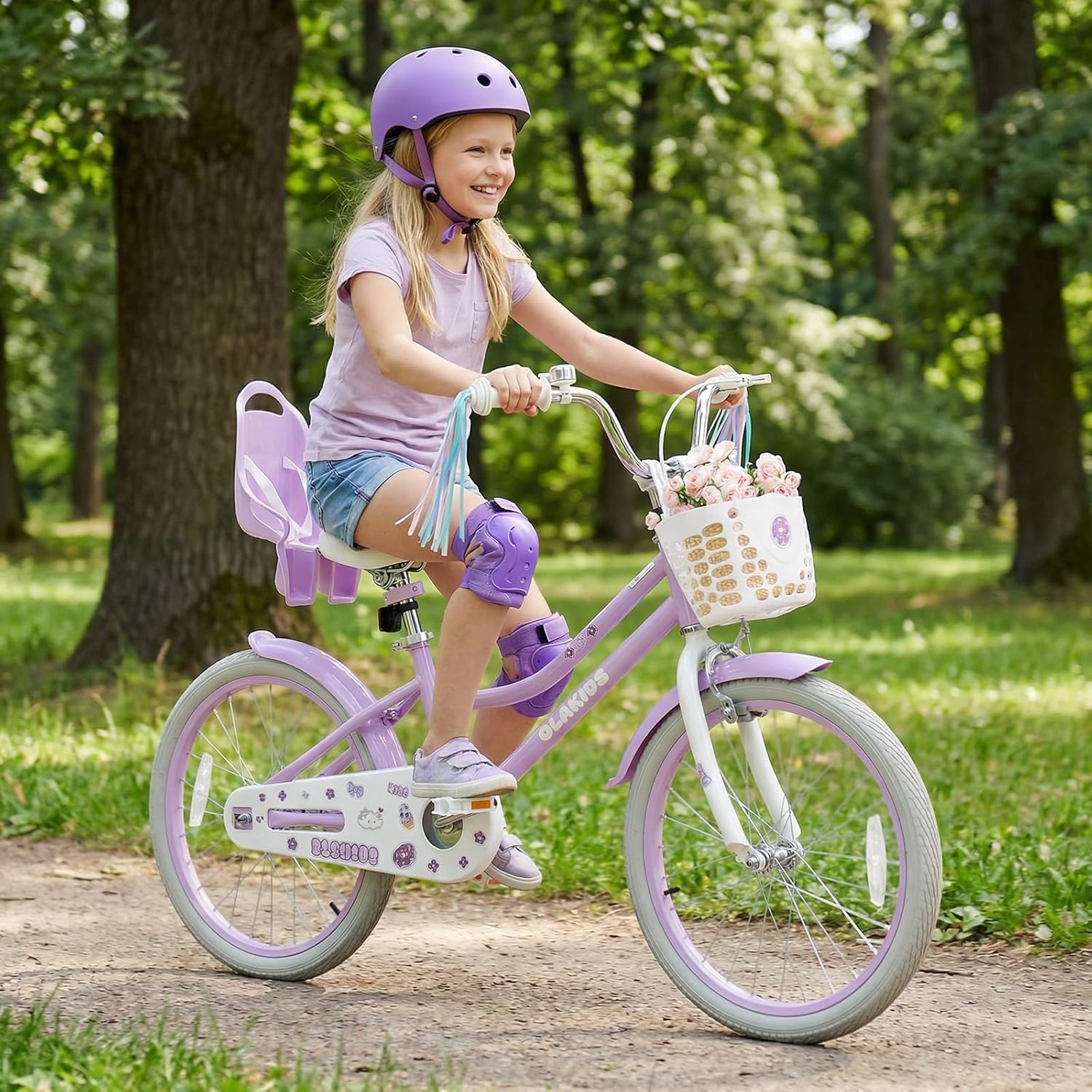 Olakids Kids Bike, 12 14 16 18 20 Inch Toddlers Bike with Doll Seat Basket Adjustable Seat and Handlebar, Handbrake and Coaster Brake, Children's Bicycle for Girls