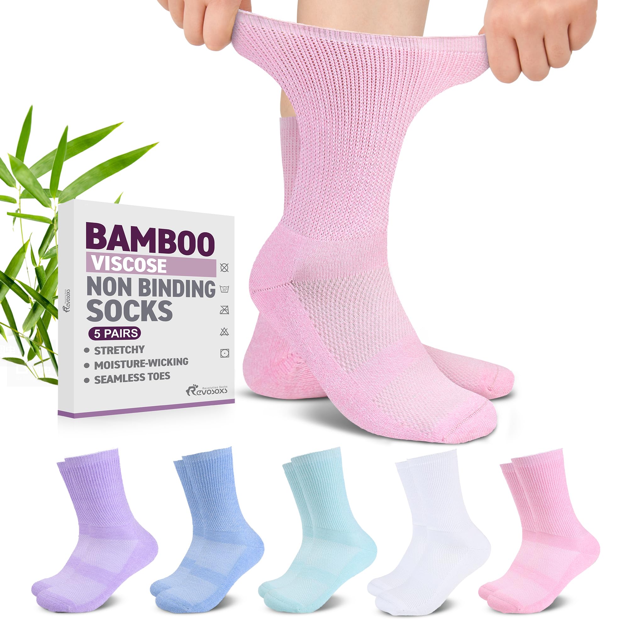 Revosoxs Diabetic Crew Socks for Men Women,Bamboo Viscose Non-Binding Loose Top Wide Socks with Seamless Toe 9-12 10-13