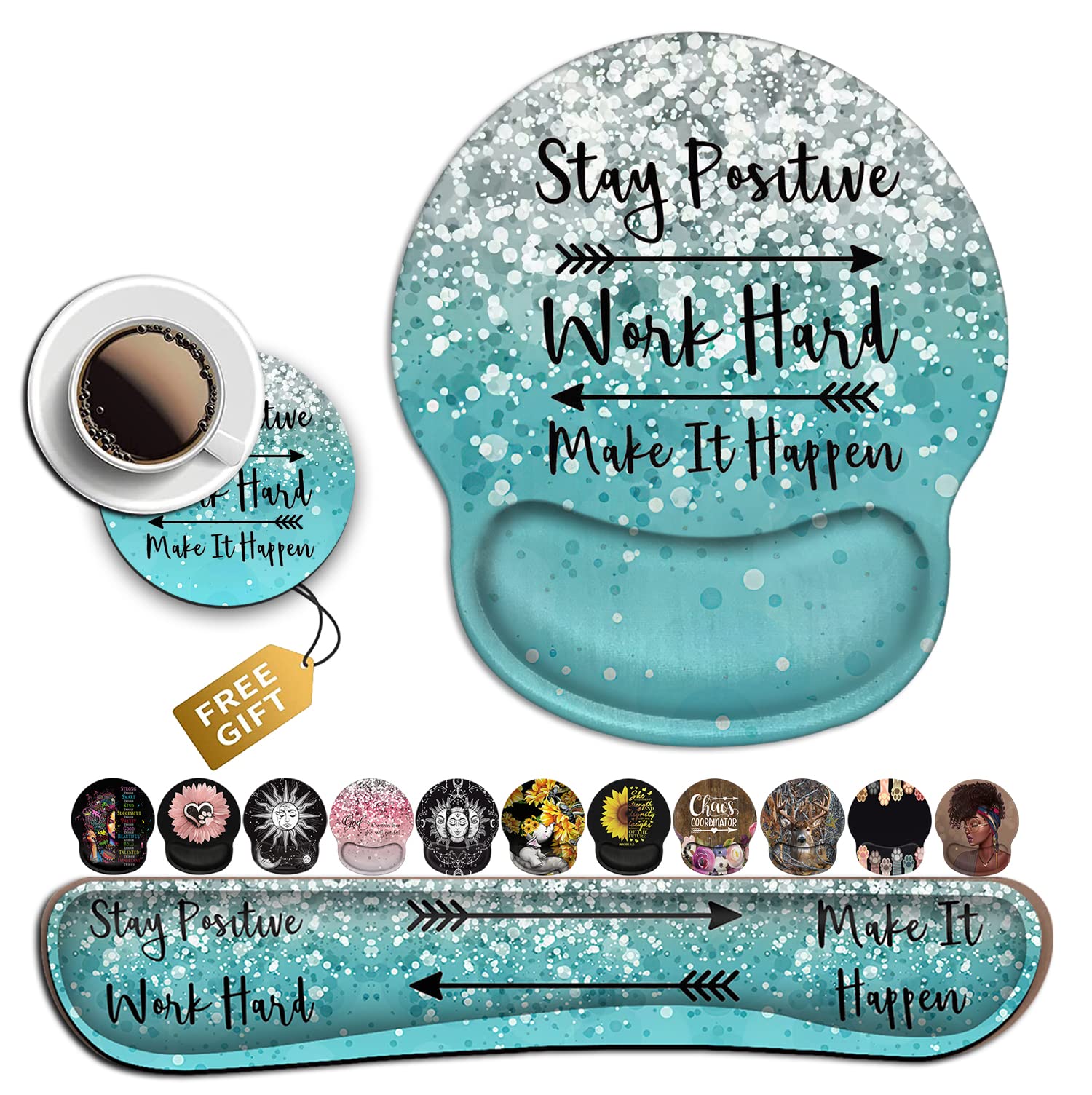 Mouse Pad with Wrist Support Ergonomic Gel, Memory Foam Keyboard Wrist Rest, for Office Typing Games, Desktop Decoration, Stay Positive Work Hard and Blue Glitter Graphic Office Accessories