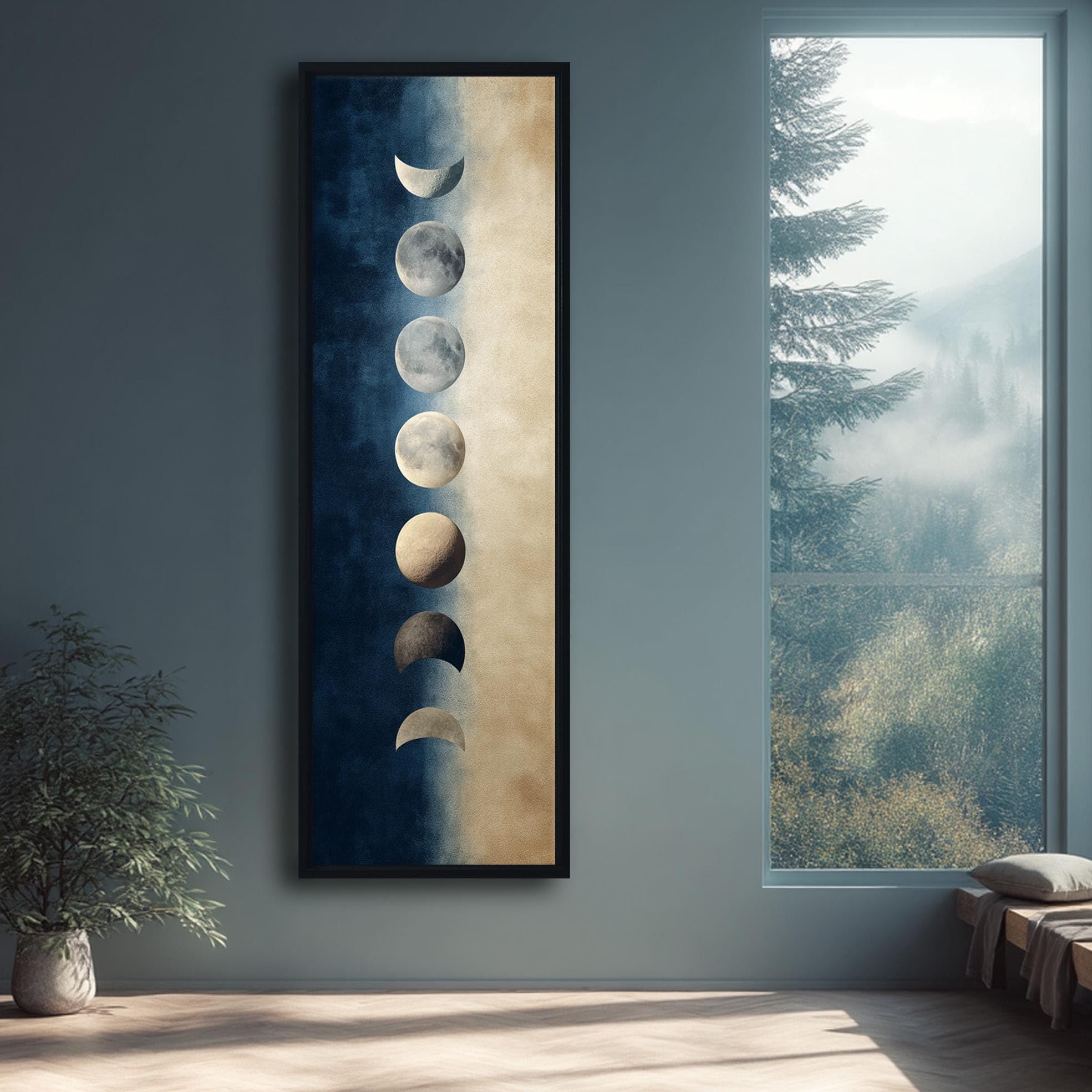 TONGYINLI Tableau mural vertical sur toile représentant les phases de la lune, style bohème, affiche lunaire beige et bleue, décoration murale pour chambre (35 x 105 cm/cadre intérieur)
