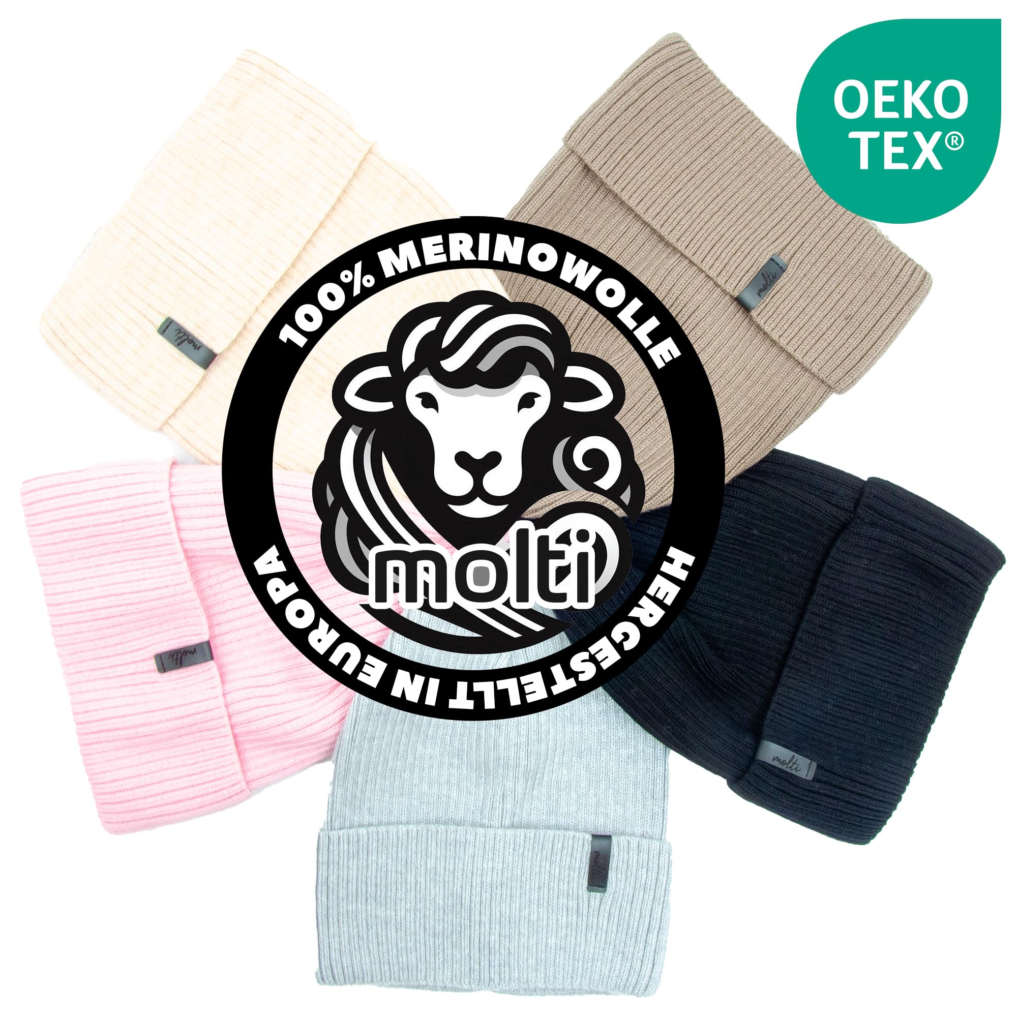molti Dziecięca czapka beanie, 100% wełna z merynosów, dzianina, bez pomponu, oddychająca i wygodna, rozmiar 52-54, w 5 kolorach