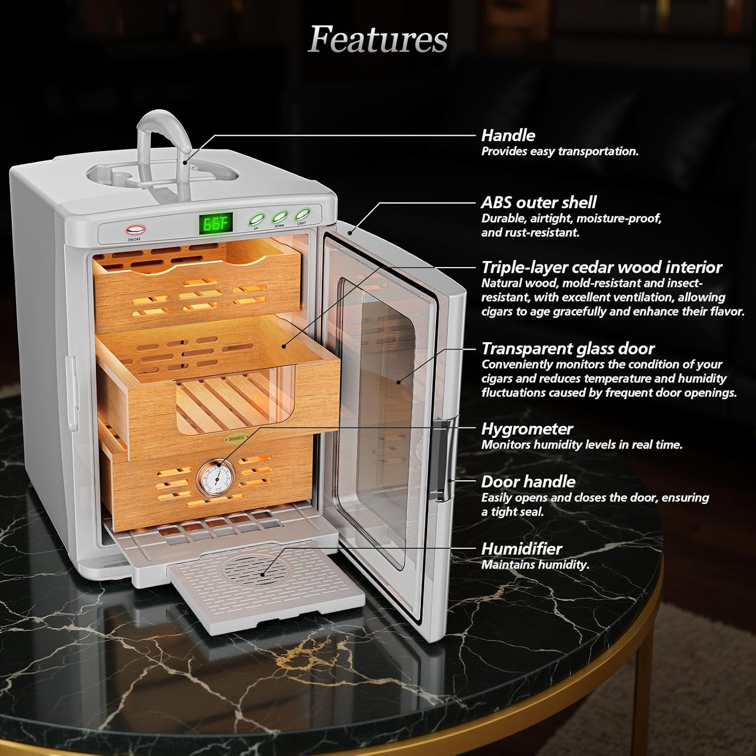 Cigar Humidor Cabinet, 25L Electric Thermostatic LED Cigar Humidor for 160-200 Cigars, Cedar Wood Shelves, Hygrometer & Humidifying Tray, Glass Door, ABS Moisture proof Shell, Cigar Care Partner