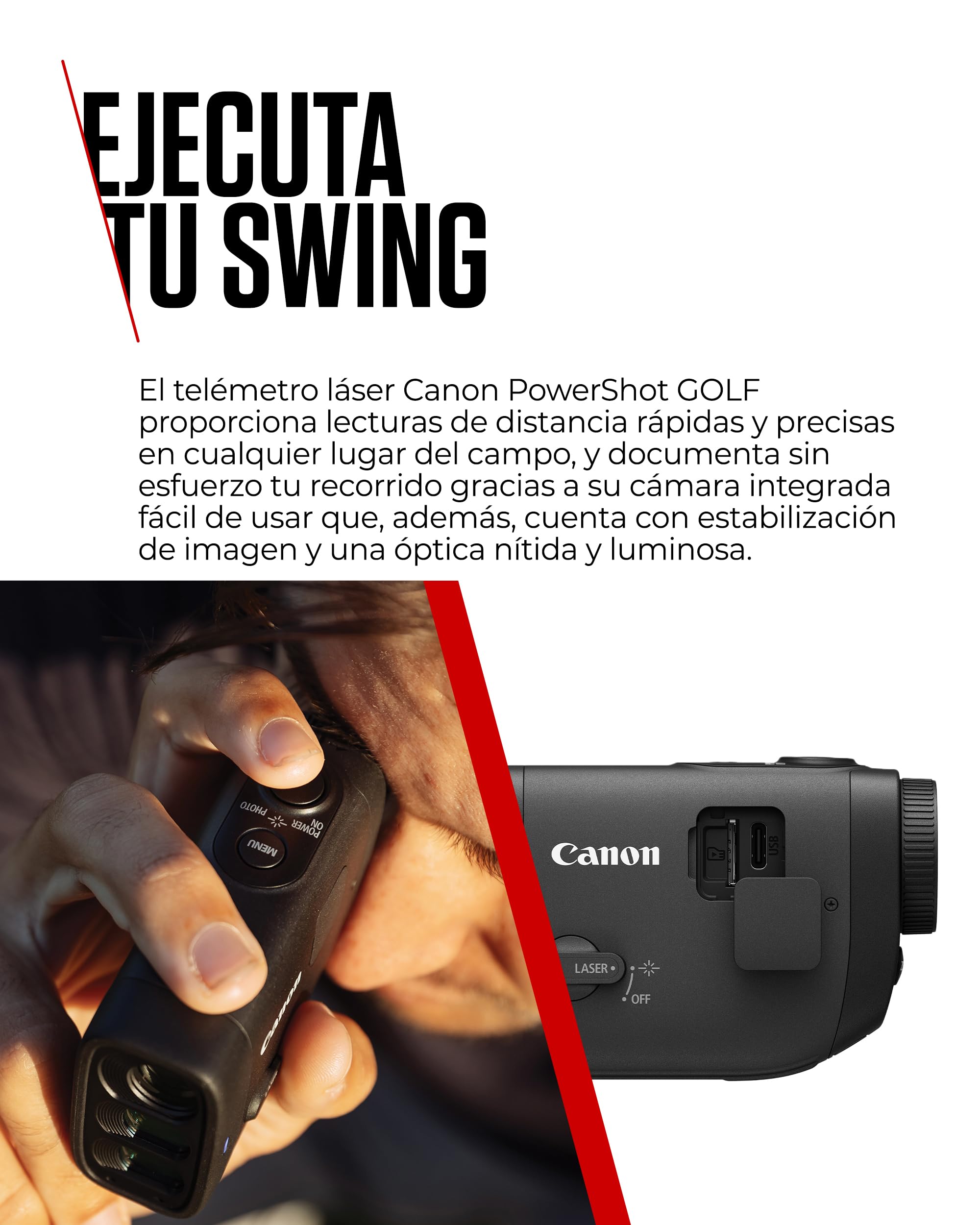 Canon PowerShot Golf, Telémetro Láser con Cámara Estabilizado, Foto 11MP y Vídeo FHD, Zoom 6X y Digital 12x, Modo Slope y Fijación de Banderín, Medición Metros y Yardas, Apto para Competición, Negro