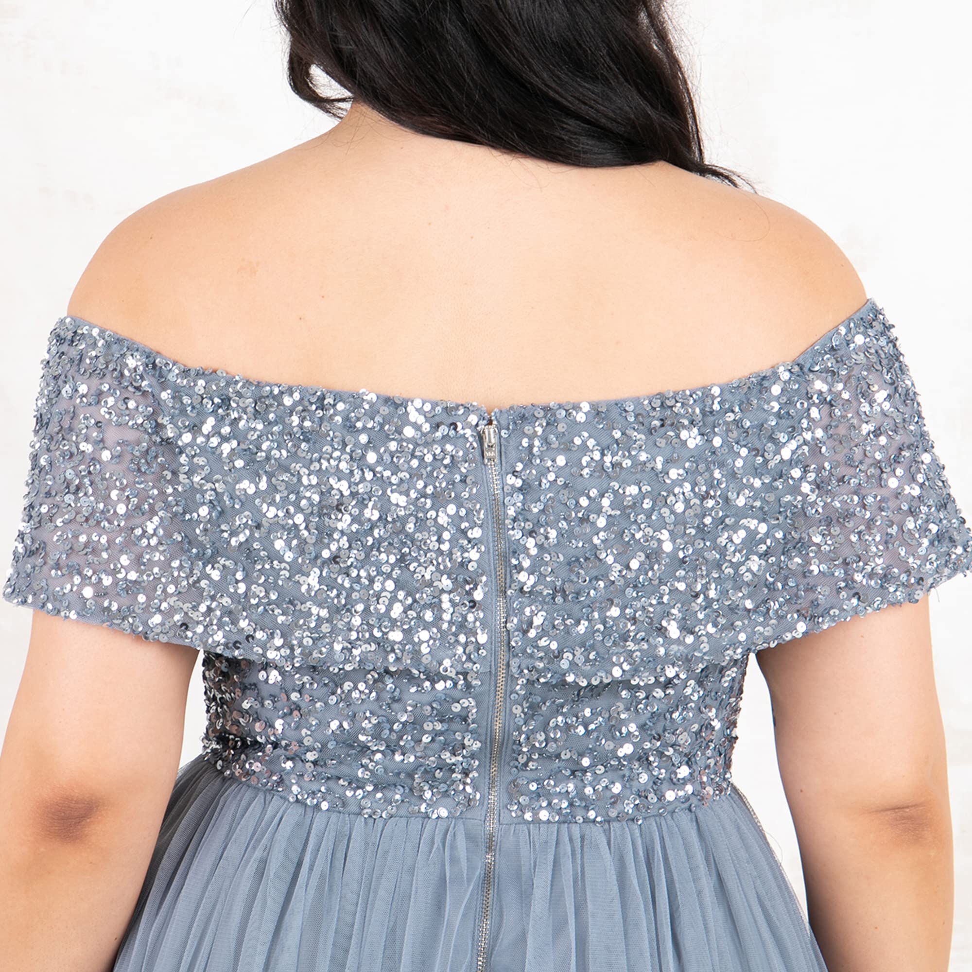 Maya Deluxe Soft Grey Bardot Embellished Maxi Dress Vestito per Damigella donore Donna