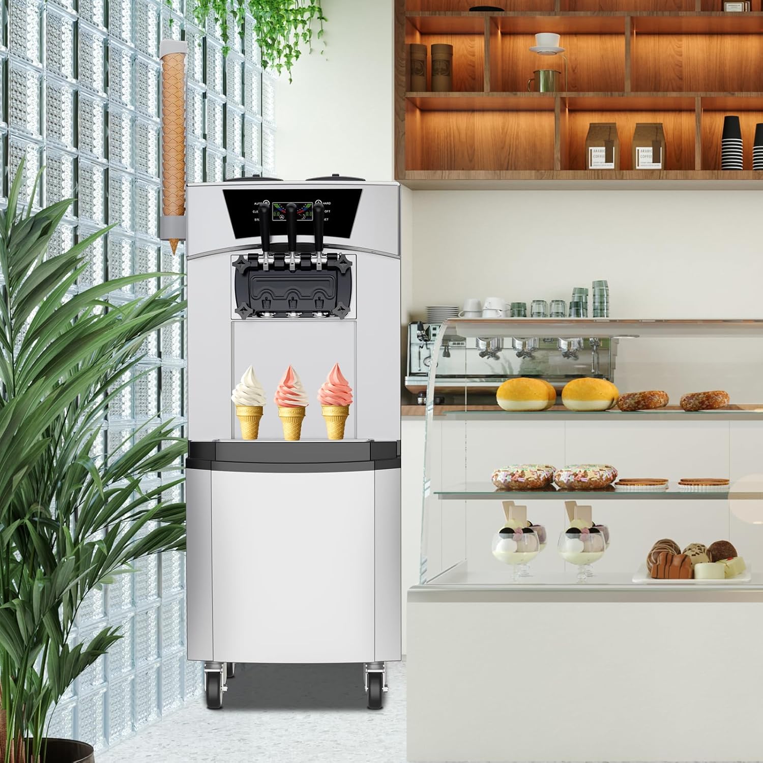 Acekool 2200W 2+1 Flavor Soft Serve Ice Cream Machine, Vertical Commercial Ice Cream Machine, 5.8-8 Gal/Hr, with LCD Touch Screen, Automatic Cleaning, High Productivity for Home Snack Bar & Restaurant