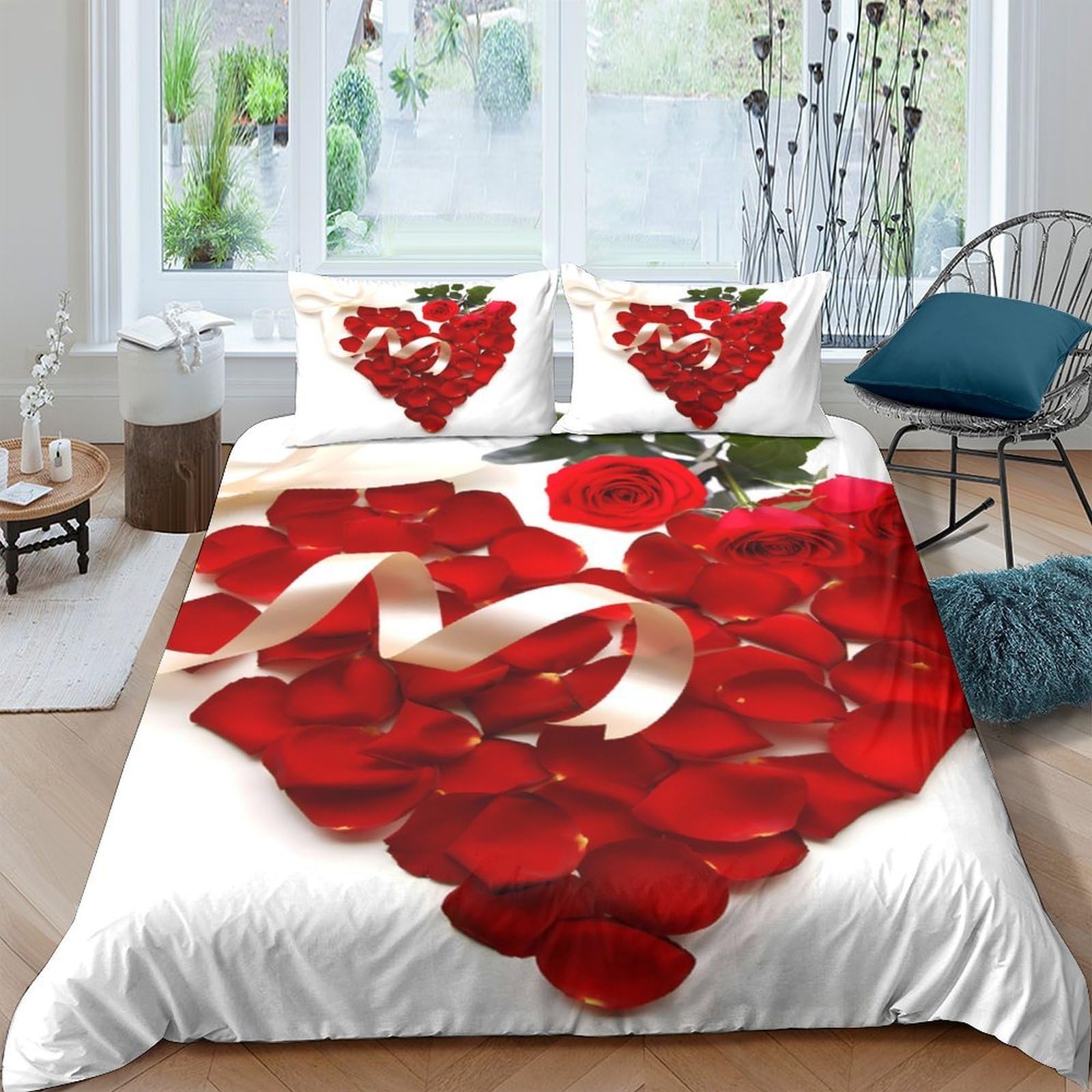 Ctjqhvkz Style-4 3D Printed Rose Petals Heart Fitted Sheet Microfiber Red Ribbon Bed Cover Anti-Slip Easy Care For Bedroom Dorm Decor Single（135X200cm）