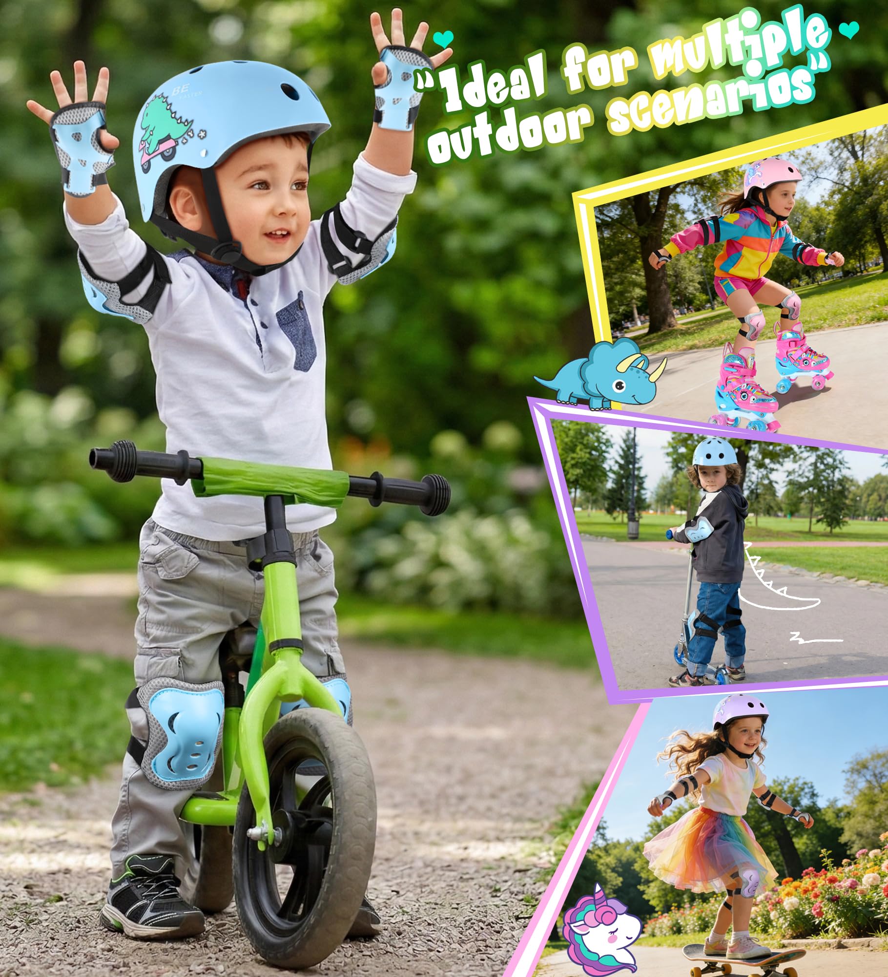 Licorne Casque Vélo Enfant Casque Ajustable pour Filles Garçons avec Réglables Genouillères et Coudières Équipement de Protection pour Cyclisme Scooter Roller Skateboard 48-56 cm 3-12 Ans