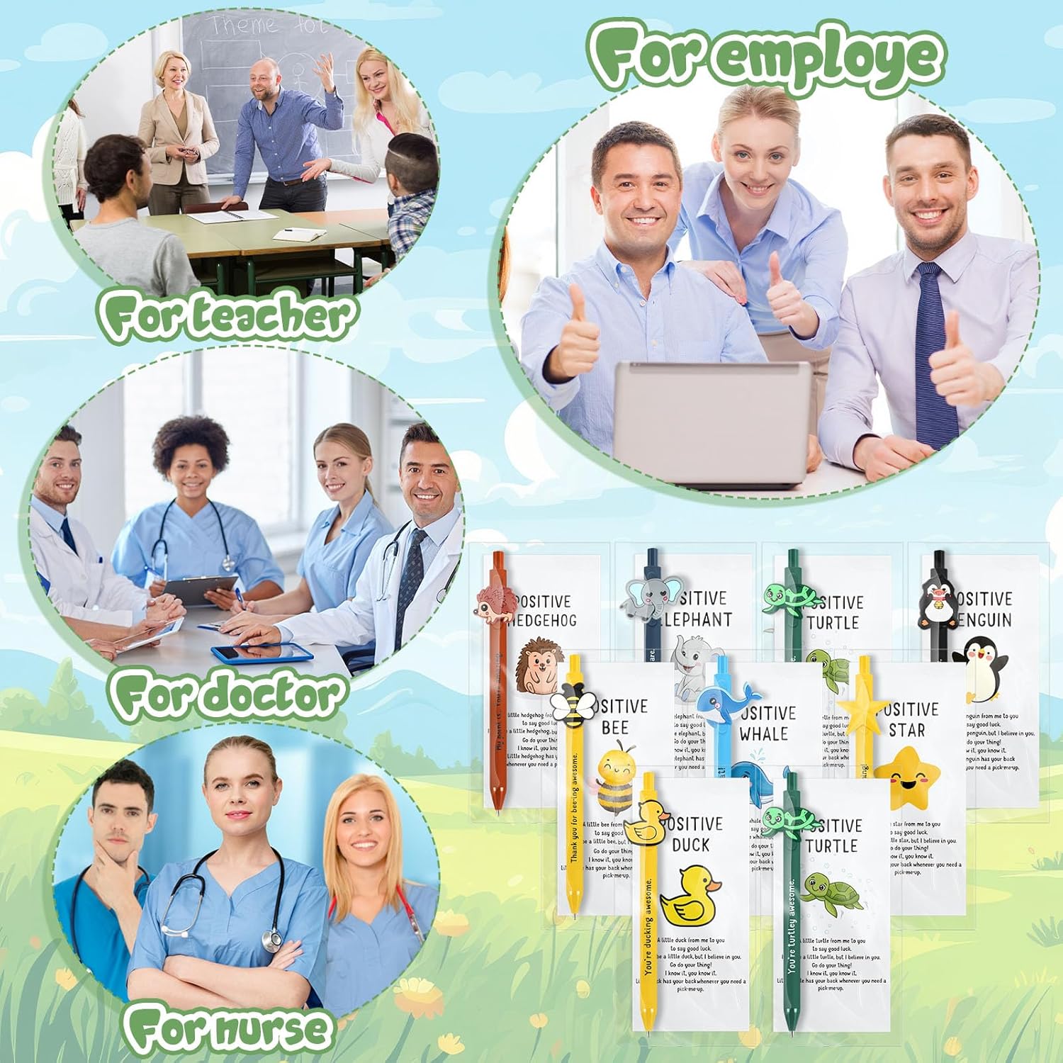 Landical 32 Set Positive Pens Gift Bulk Cute Funny Pen with Inspirational Card Employee Appreciation Day Gift for Office Employee Coworker Staff Teacher Student Classroom (Gentle) - Image 6