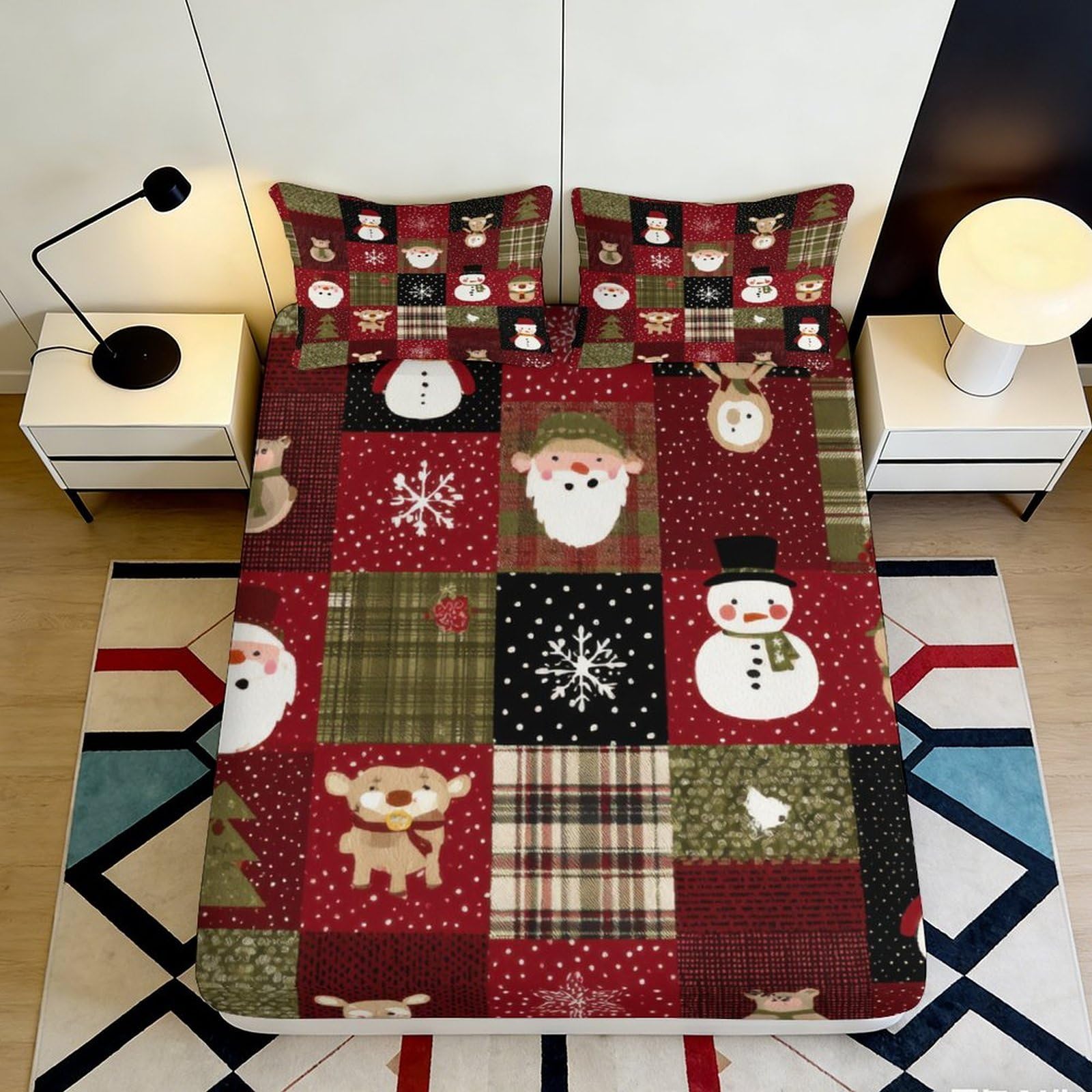 3D Printed Christmas Patchwork Fitted Sheet Microfiber Soft Snowman Santa Bed Cover for Bedroom Guest Room Decor 90x200x25cm