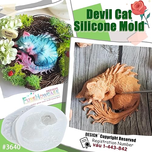 Miniatura 5 de Devil Cat - Molde de de silicona de resina epoxi con cuernos de dragón, gatito, animal, para arcilla polimérica, jabón, velas, fabricación de joyas,