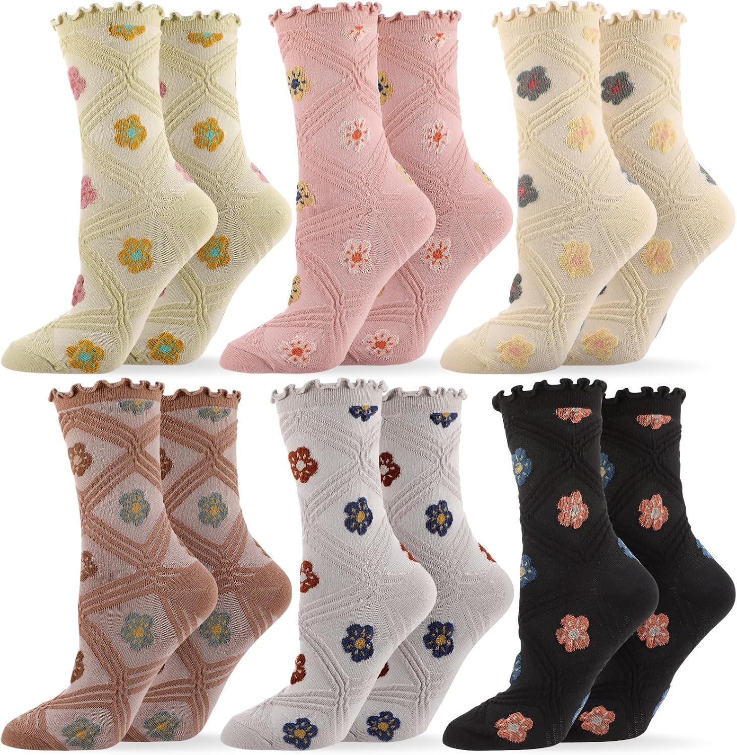 6 Pairs Flowered Women's Ruffle Ankle Socks - Cute Floral Crew Sock for Women, Vintage Breathable Mid Tube Socks, Casual Cotton Novelty Sock for Women and Girls
