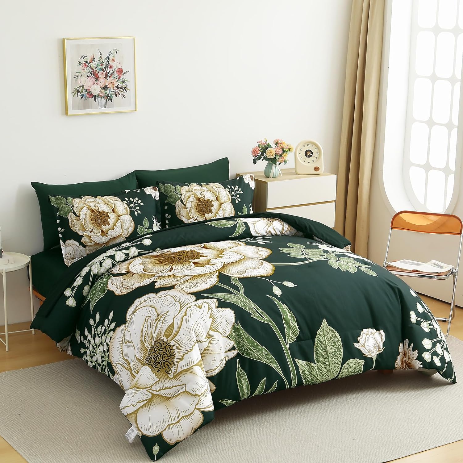 Luxudecor Floral Comforter Set King Size 7 Pieces Bed in a Bag,Beige Flower Print on Dark Green Bedding Set,Soft Microfiber Bedding Set for All Season (Dark Green,104"x90") - Image 2