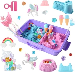 Unicorn Sensory Bin Kit with Magic Play Sand, Molds, Gems & Portable Sandbox for Toddlers Ages 3-8