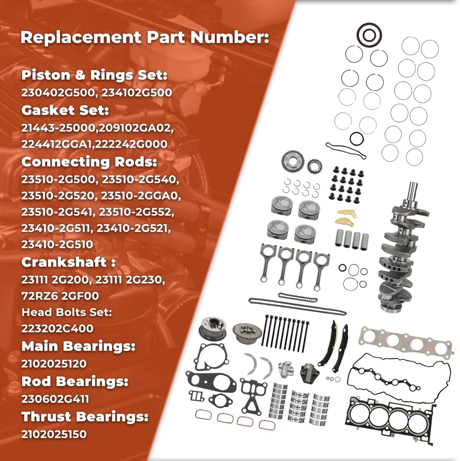 labwork G4KJ Engine Crankshaft Con Rods Timing Kit 23410-2G500 209102GA02 Replacement for Kia 2.4L