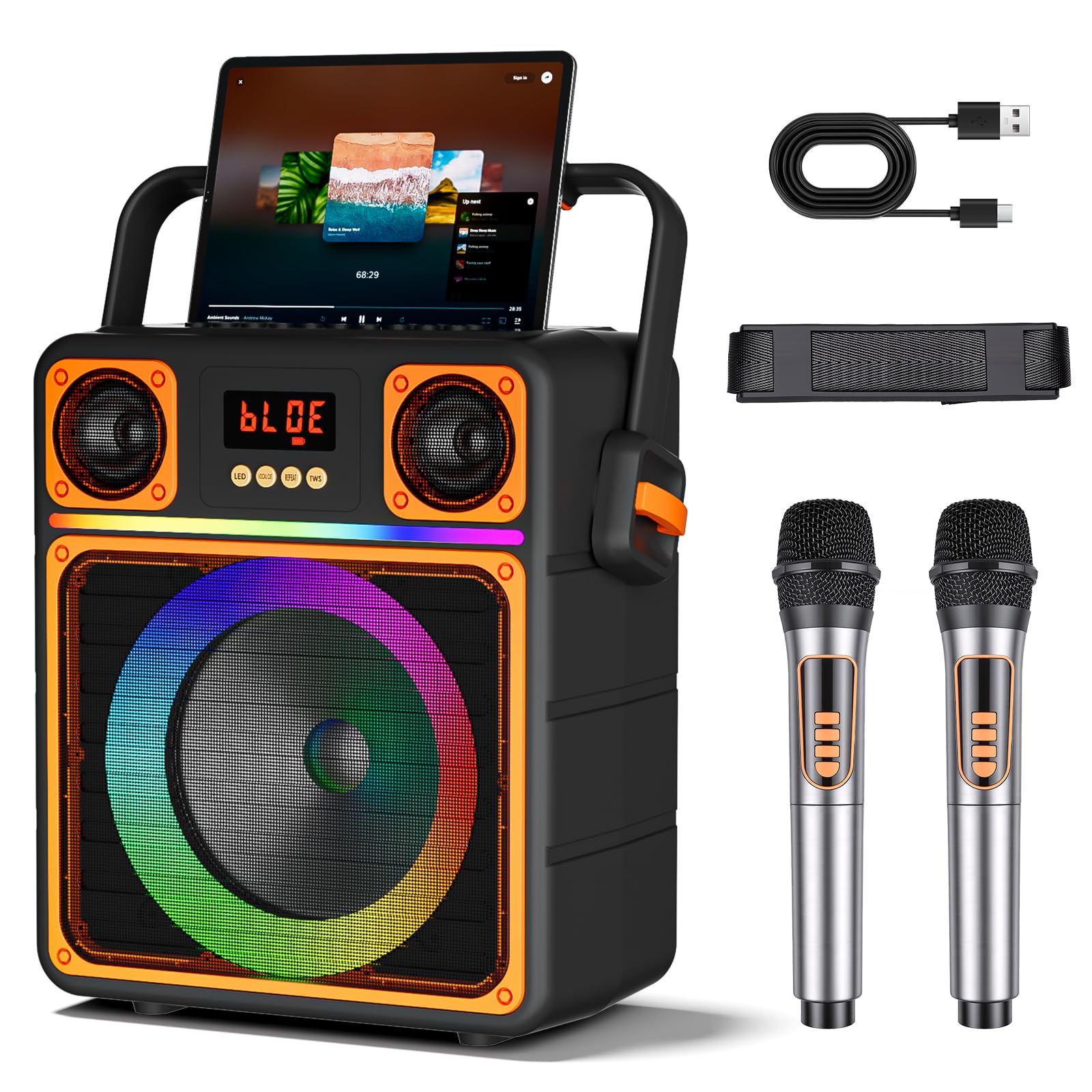 Machine de Karaoké avec 2 Microphones Sans Fil, GuKKK Haut-Parleur de karaoké Bluetooth Portable pour Adultes et Enfants, Système de Sonorisation de Fête avec Lumières Disco,Supporte TWS/FM/AUX/USB/TF