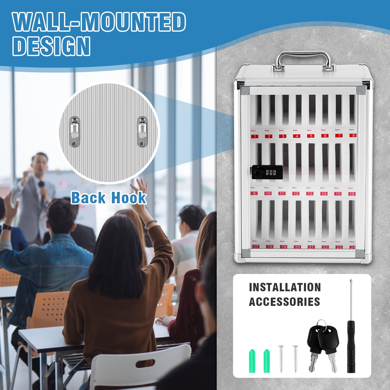 MXBAOHENG 24 Slot Mobile Phone Storage Cabinet In Lega di Alluminio Scatola di armadietti per la Gestione dei telefoni cellulari a Parete con Maniglia e Codice per Scuola Fabbrica Azienda