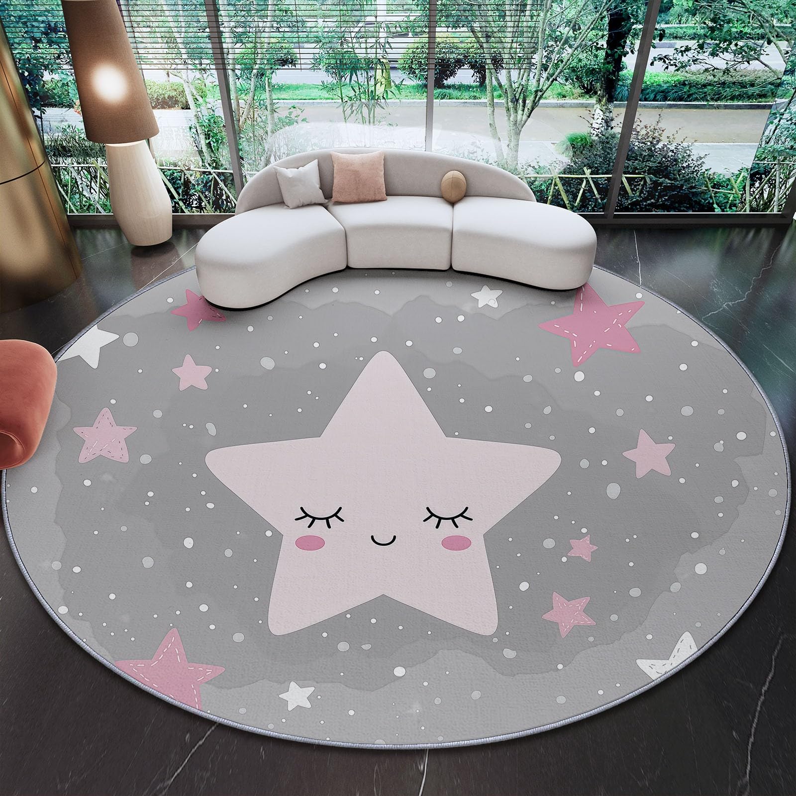 Generisch Teppich Wohnzimmer Rund 120 cm, Teppich Schlafzimmer Grau Rosa Kurzflor Wohnzimmerteppich Niedliche Cartoon-Sterne, Waschbar rutschfest Rund für Wohnzimmer Schlafzimmer Esszimmer