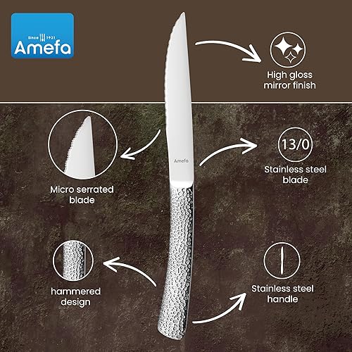 Miniatura 3 de Amefa Bongo - Juego de 6 cuchillos para carne, acero inoxidable endurecido de alta calidad, diseño de mango ergonómico martillado, borde micro