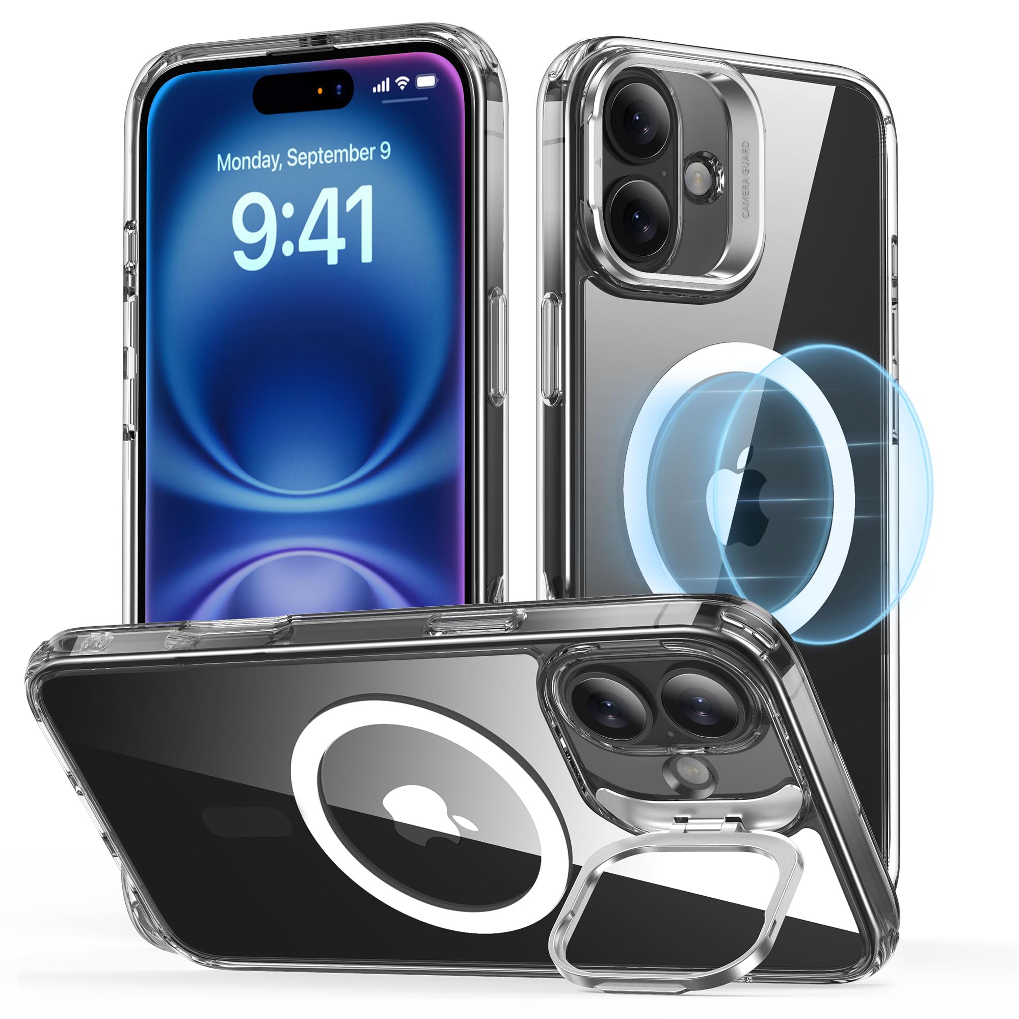 ESR Cover per iPhone 16 Plus con Cavalletto,Magsafe Custodia con Halolock, Protezione di livello militare, Supporto ad anello per la fotocamera integrato,Trasparente
