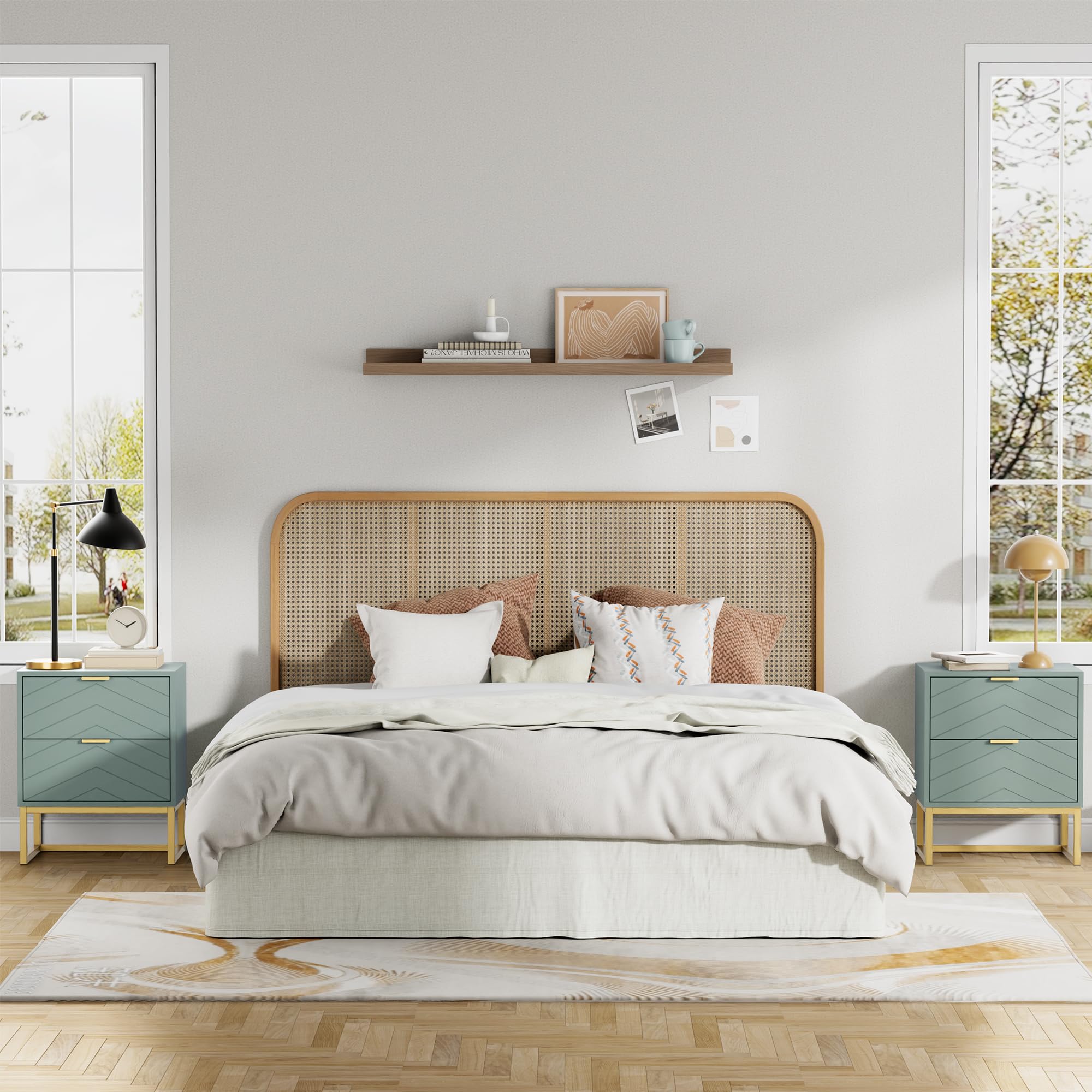 UEV Set di 2 Comodino Camera da Letto con Motivo a V, Mobile Camera da Letto con Miniglie e Piedini in Metallo, Comodino Moderno e Stabile, 46 x 33,5 x 56,5 cm, Verde