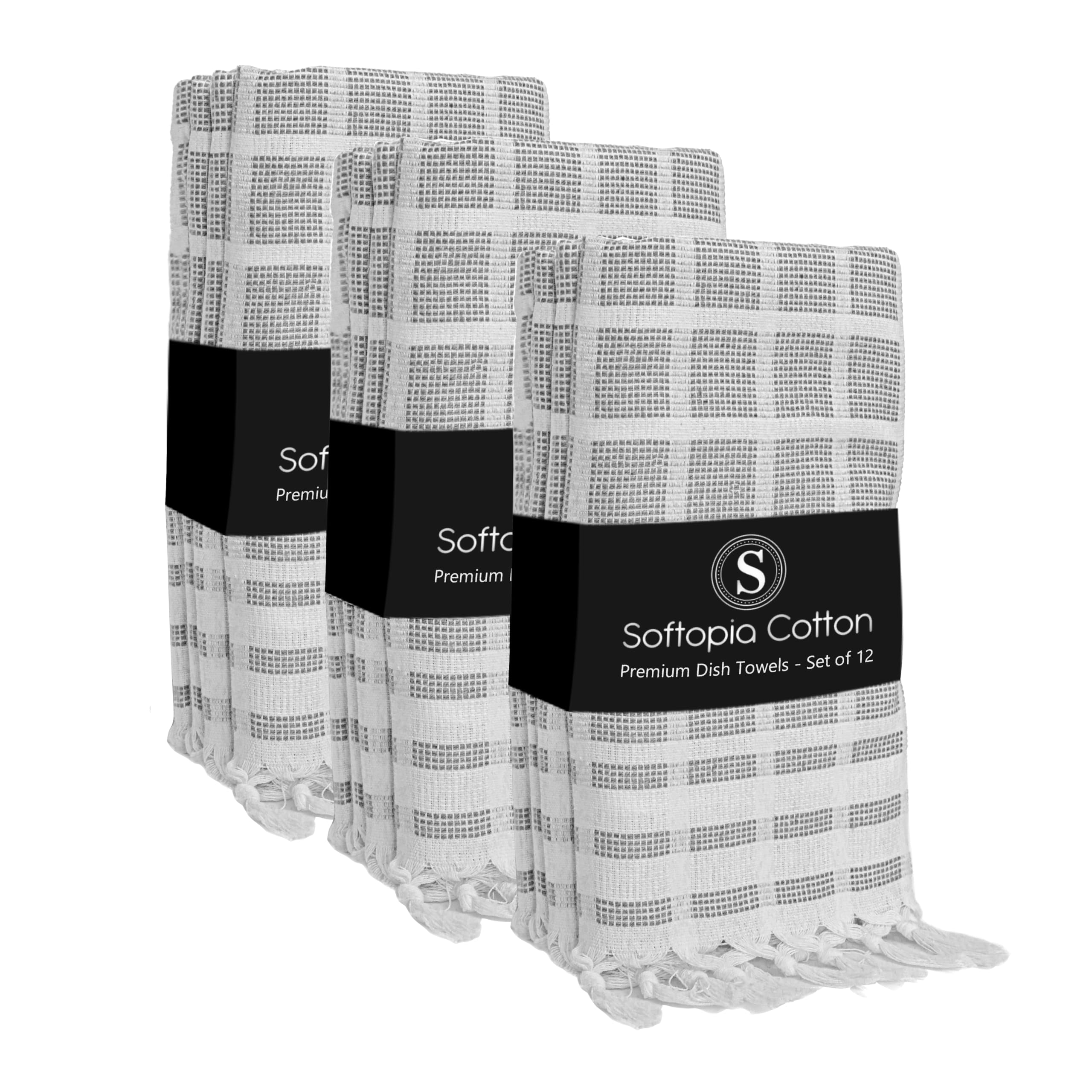 Matrix Dobby Kitchen Dish Towels Set of 12, 100% Cotton, 16x26 Inches, Reusable Dishcloths with Handmade Knotted Tassels, Absorbent, Washable Towels for Cleaning - Dark Gray, White