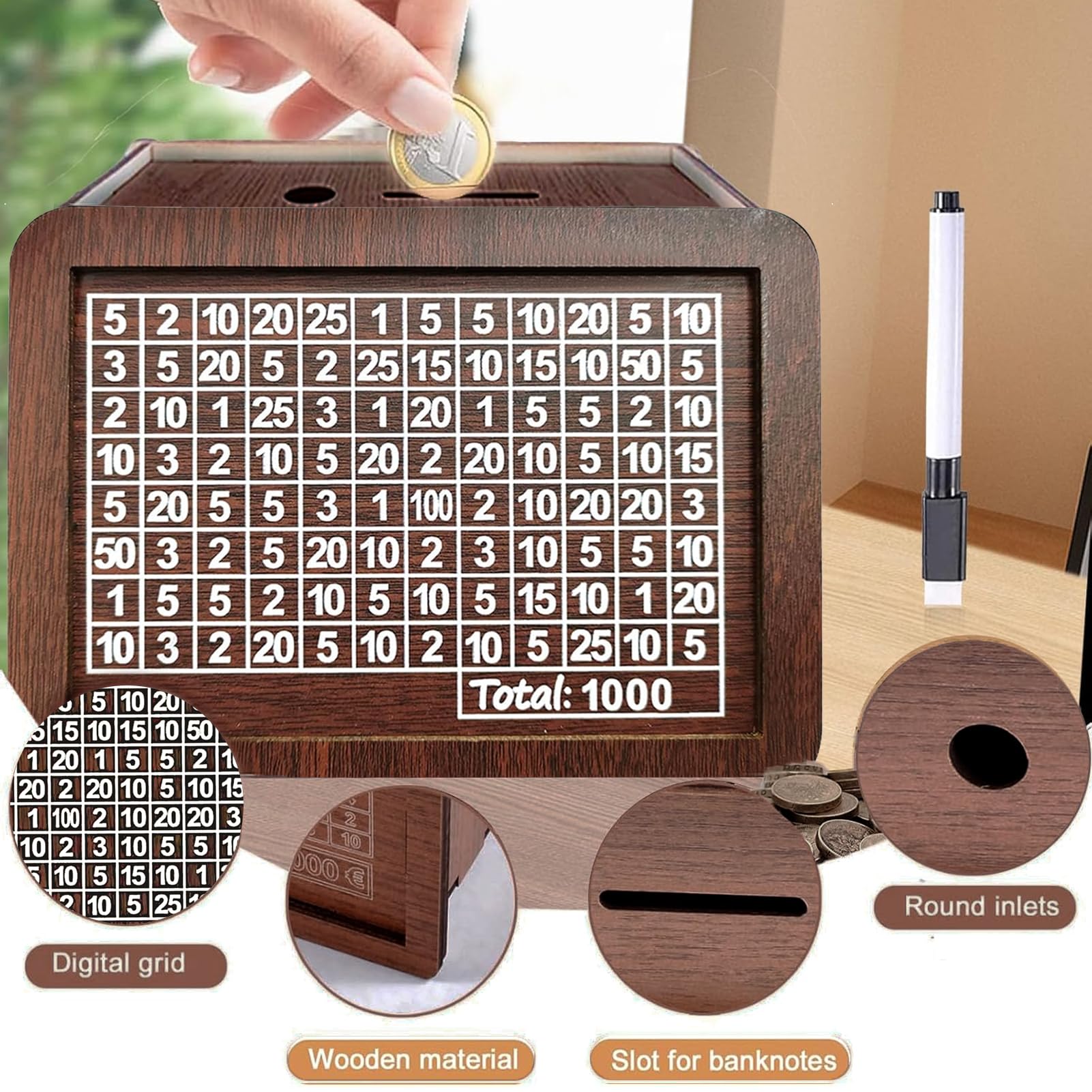 Hucha De Madera Con Contador Y Rotulador – Caja De Ahorros Reutilizable Con Objetivos, Para Adultos Y Niños
