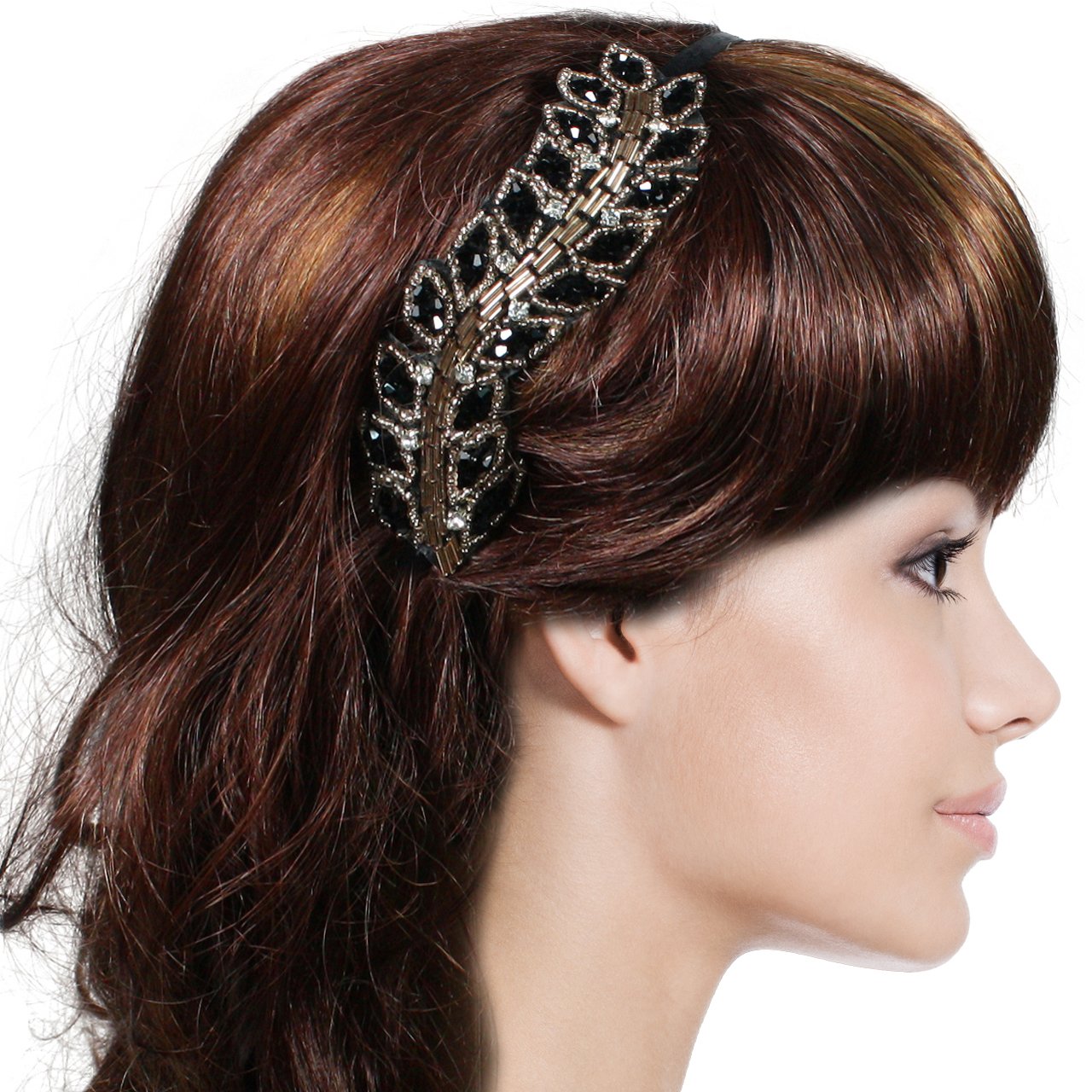 Goddess Black Gold Rhinestone Leaf 0.25" Vintage Style Headband