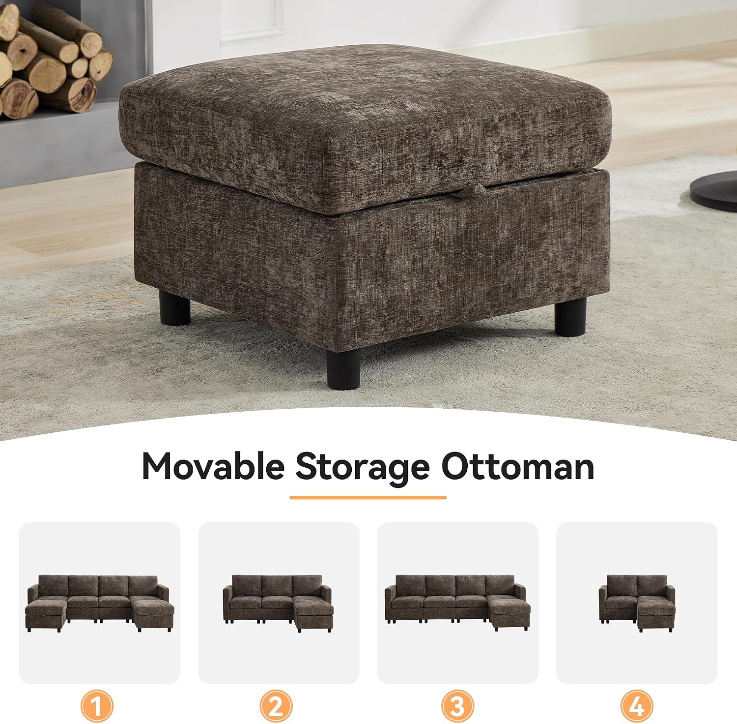 25 Chenille Brown Square Storage Ottoman for Modular Sectional Sofa Living Room Footrest