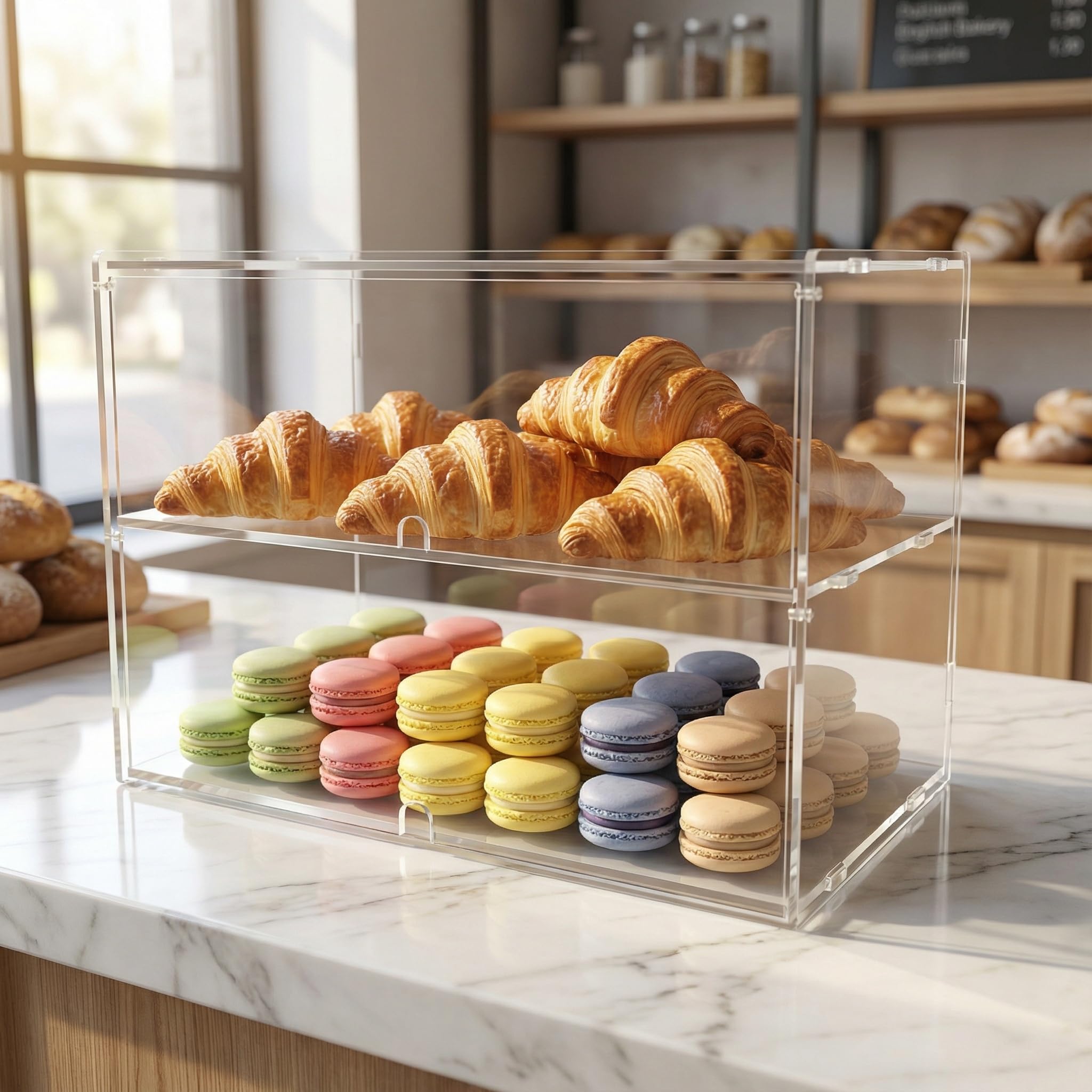 Vitrina de panadería de 2 niveles para encimera comercial, 18.9 x 9.5 x 11.8 pulgadas, caja de almacenamiento de acrílico para postre, donas, pan, pasteles, cupcakes, bagels y galletas