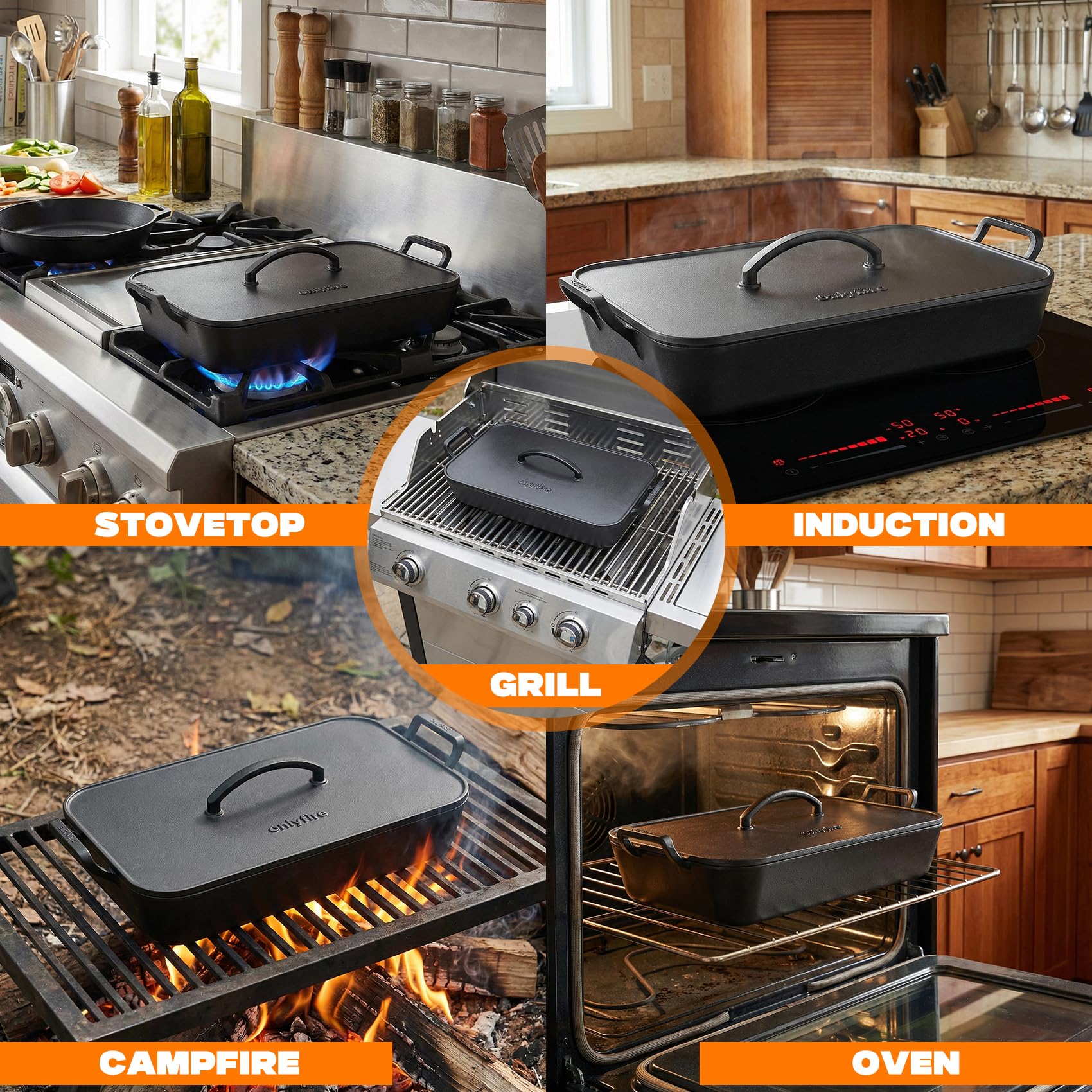 Onlyfire Fuente de Horno Rectangular de Hierro Fundido con Tapa, 42cm Rustidera XL, Apta para Inducción para Asados, Pescado y Pan, Horno, Barbacoa y Camping, Precurado