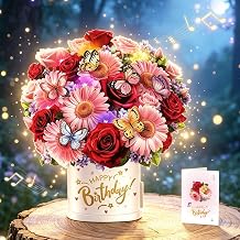 3D Daisy & Butterfly Bouquet Pop Up Birthday Card w Music, Lights for Women