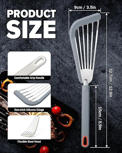 Miniatura 3 de Juego de 2 espátulas de silicona para peces, espátulas delgadas ranuradas para utensilios de cocina antiadherentes, resistente al calor, flexible,