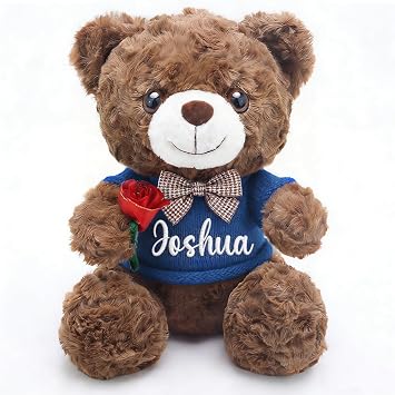 OELTTG 12in Customized Teddy Bear Gift with Rose - Easter Basket Stuffers, Personalized Plush Bear with Embroidered Name, 3 Colors & 9 Outfits | Perfect Easter Birthday Gift for Kids