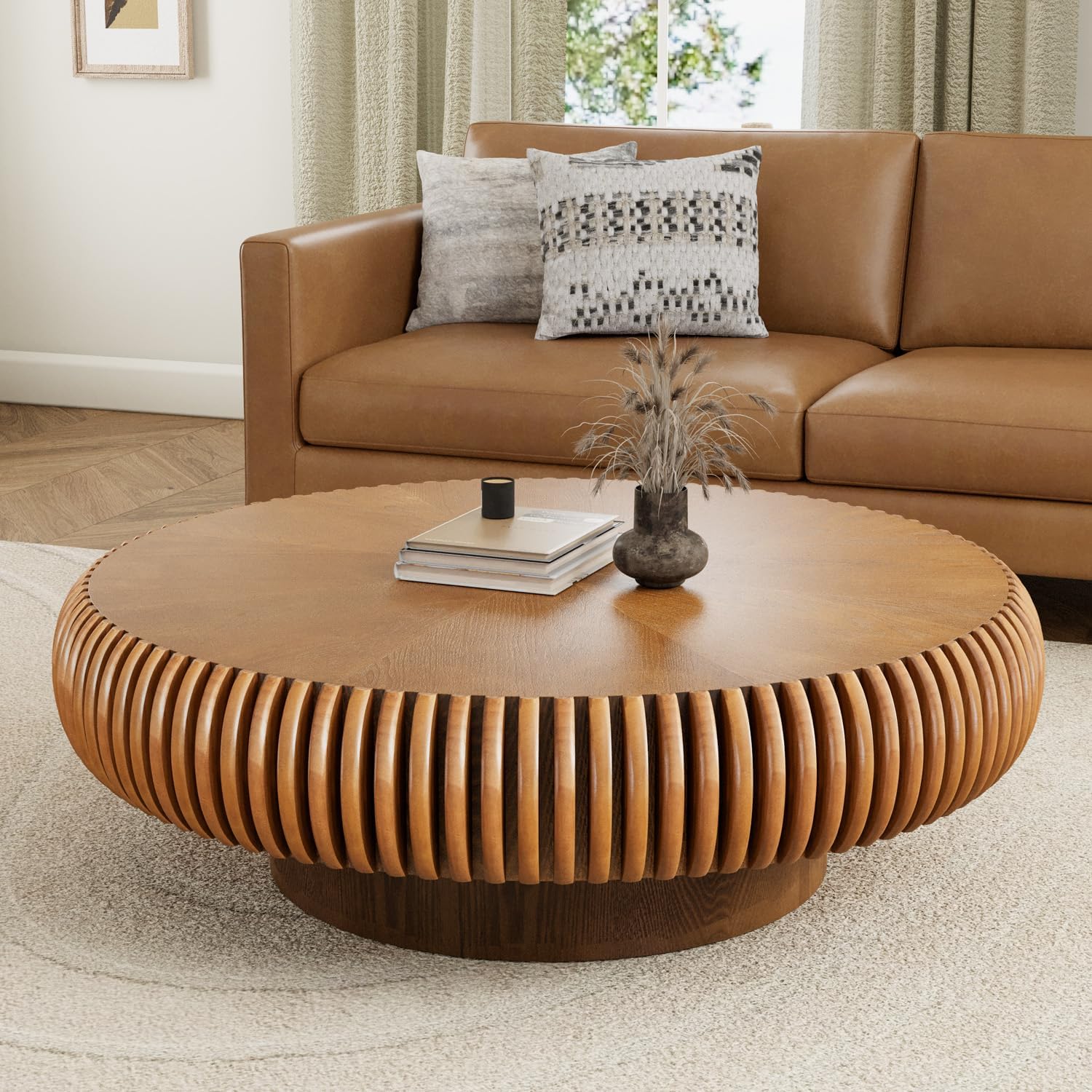 39.3" Drum Coffee Table Modern Unique Fluted Tea Table Contemporary Wood Round Coffee Table with Fluted Centry Table for Living Room Walnut (39.3" Brown)