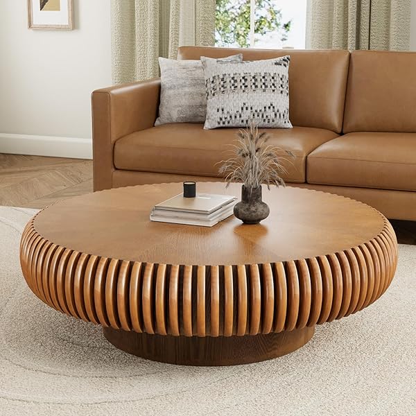 Fluted Walnut Drum Coffee Table