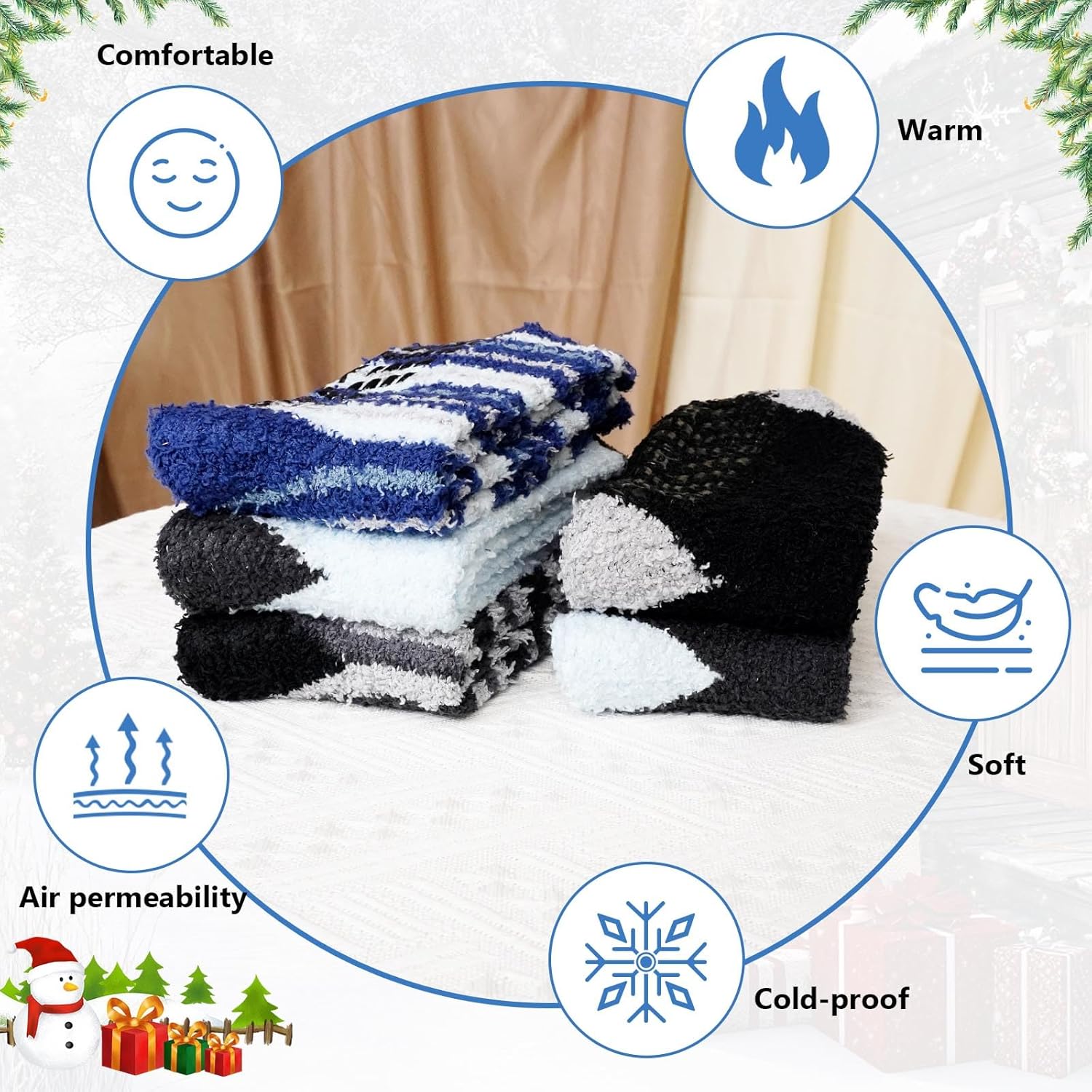 CaiDieNu Fuzzy Socks for Men with Grippers, Fluffy Slipper Socks Winter Warm Thick Home Hospital Cozy Non-slip Socks 5 Pairs - Image 3