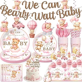 152 PCS Pink Bearly Wait Baby Shower Decorations, Bear Baby Shower for Girl Tableware Set, With Banner, Cake Topper, Plates and Tablecloths, for Baby Girl Shower Decorations Pink, Serves 20