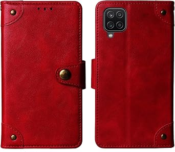 Flip Genuine Premium Leather TPU Silicone Phone Gel Case for Samsung Galaxy M12 / A12 Back Cover Skin Etui Protective Protector Wallet Pouch Shell Bumper Red