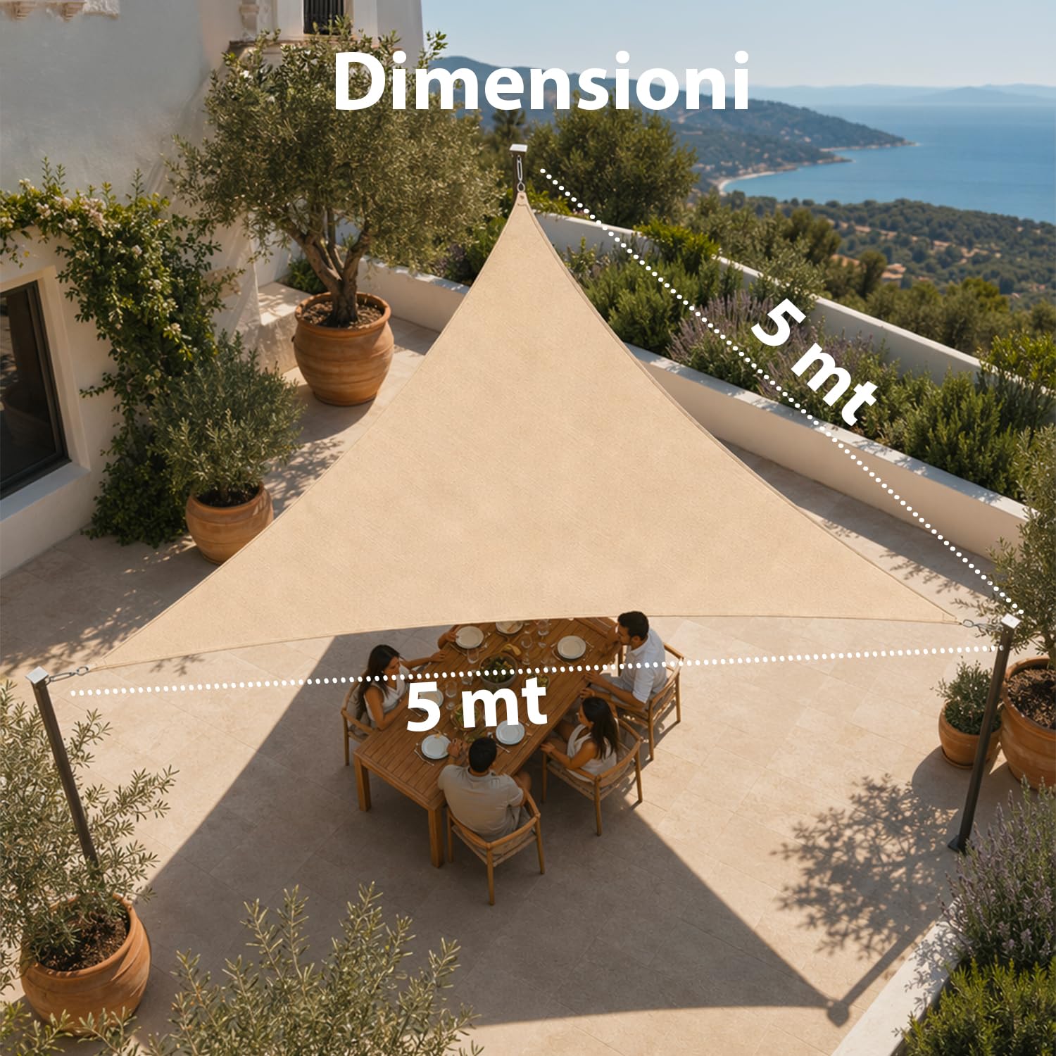 Tenda a Vela Parasole Ombreggiante Traspirante Permeabile Telo Telone per Esterno, Giardino, Terrazzo, Balcone Rettangolare e Quadrata Resistente ai Raggi UV (Triangolare, 5 x 5 x 5 metri)