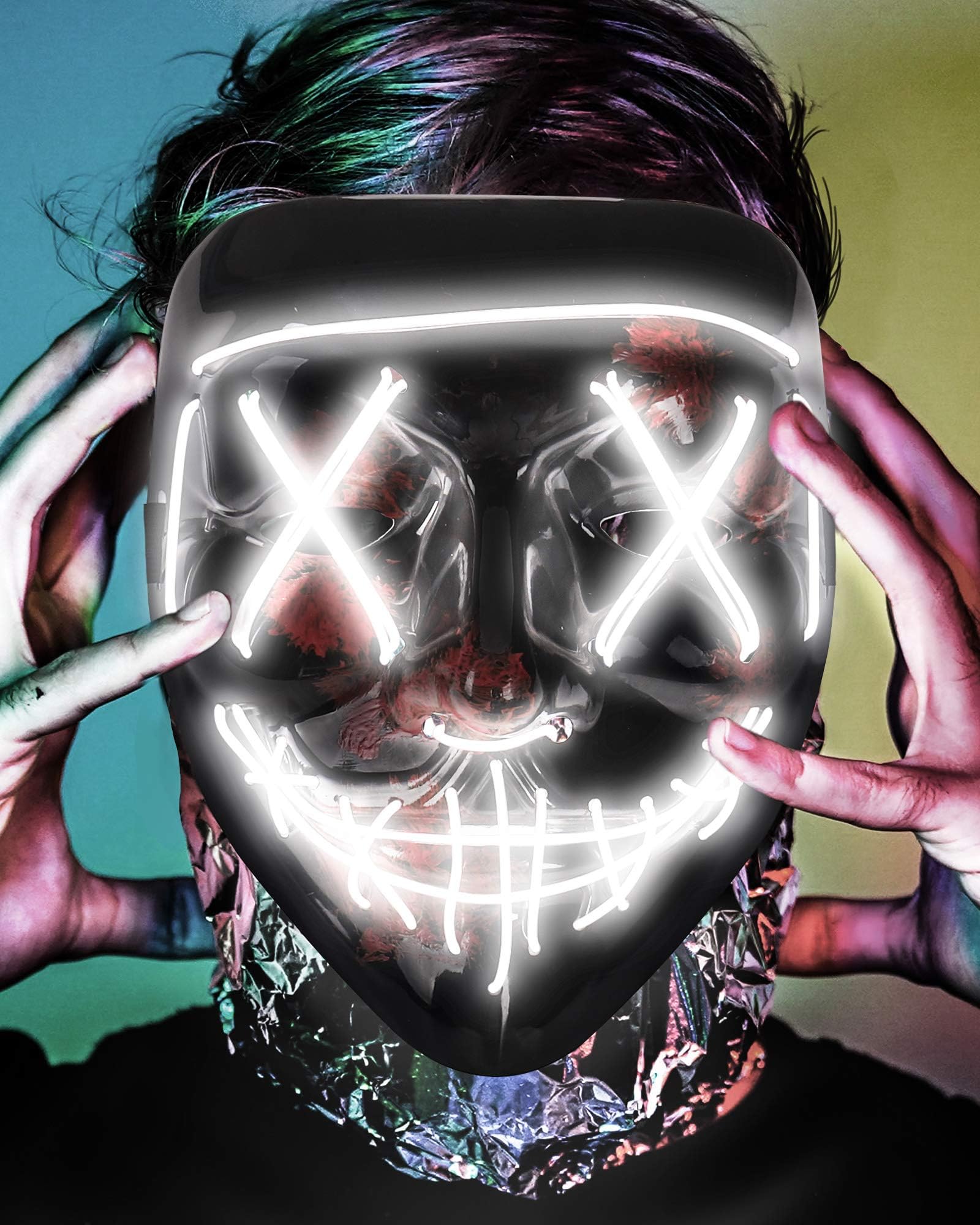 Halloween Mask, Led Light Up Mask Cosplay Costume with Neon Wire, Scary Hacker Mask for Halloween, Glow In The Dark Mask with 3 Lighting Modes, Glowing Anonymous Mask for Boy Girl Women (White)