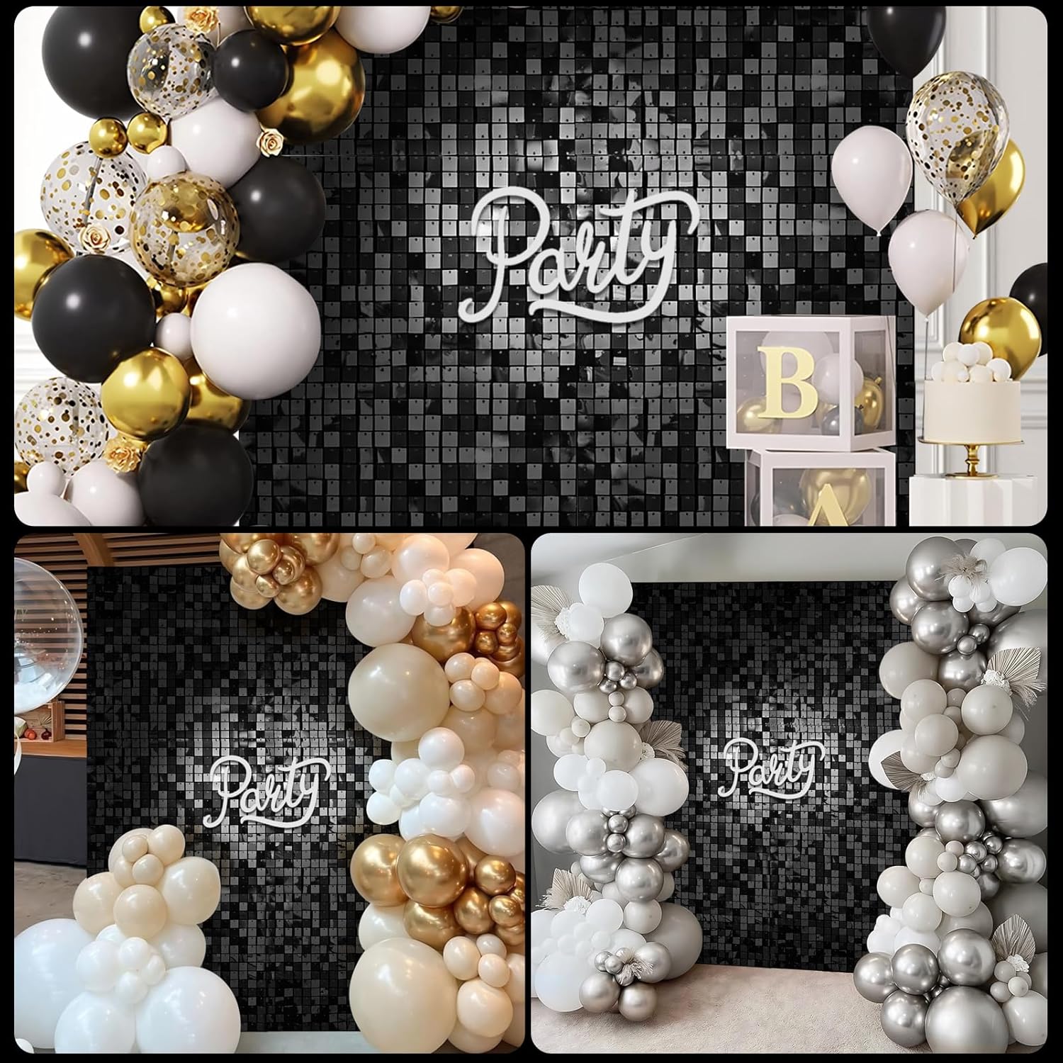 ブラックシマーウォール背景パネル24枚 - 4&times;6フィートのスパンコールウォール背景、結婚式、誕生日、記念日、婚約装飾用の写真背景幕