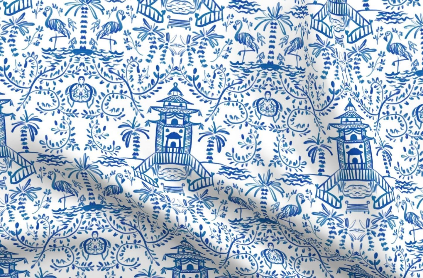 Spoonflower Fabric - Chic Turtles Garden Flamingos Nautical Blue and White Chinoiserie Palm Printed on Petal Cotton Fabric Fat Quarter - Sewing Quilting Apparel Crafts Decor