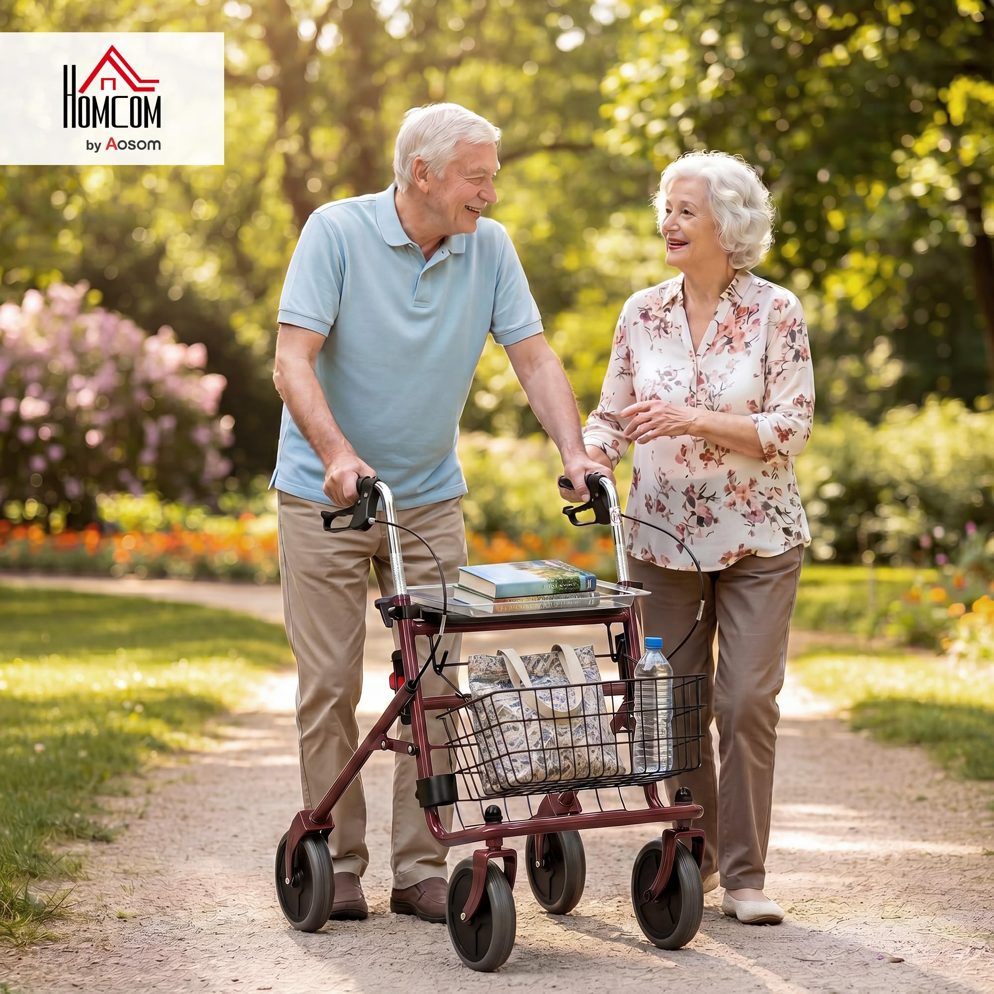 HOMCOM Andador para Ancianos Plegable con Asiento y 4 Ruedas Rojo Vino | Andadores Adultos para Personas Mayores, Altura Ajustable, Frenos de Maneta, Cesta, Bandeja, Porta Bastón