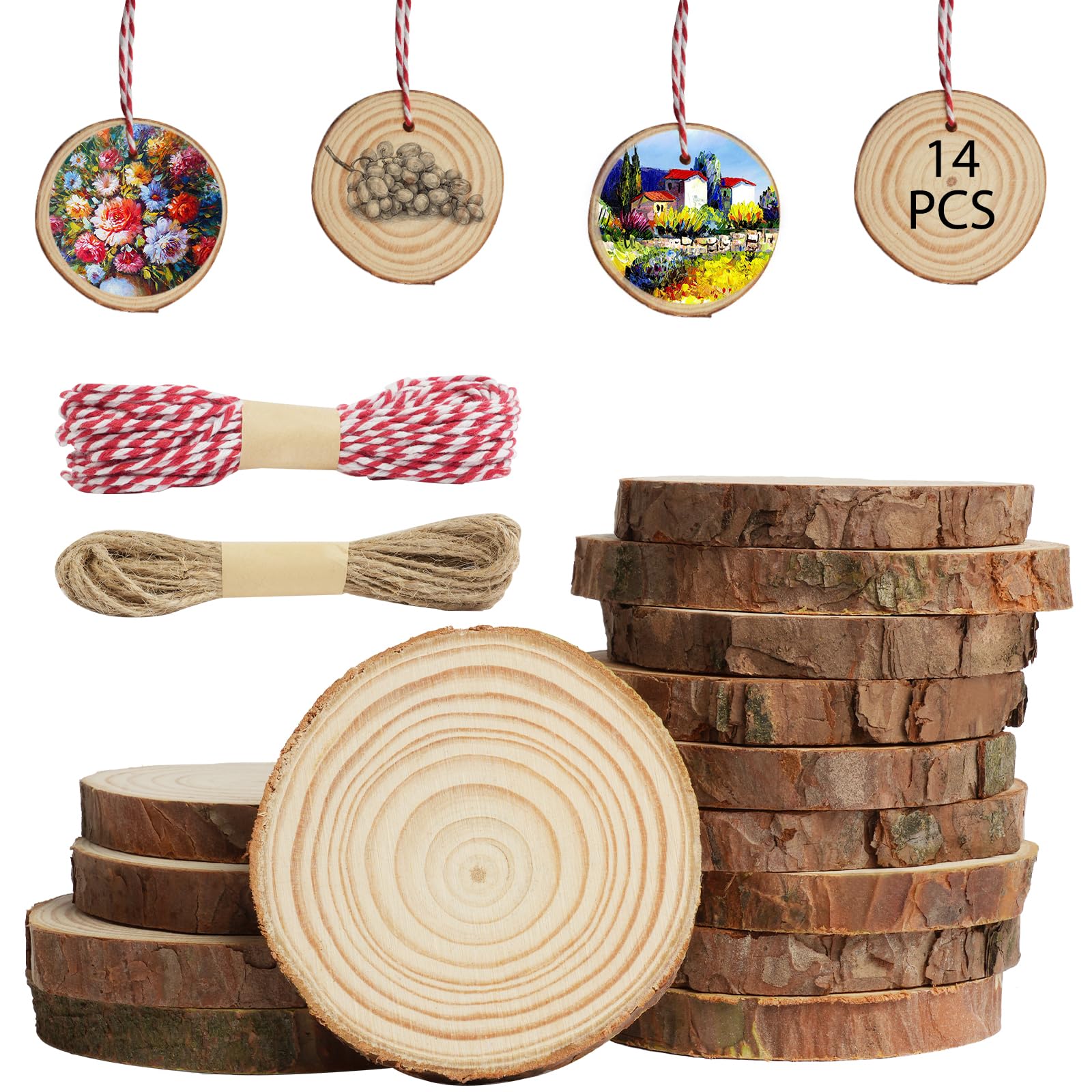 HOTUT Wooden Slices, 14 Pieces Wood Trunks Decoration Diameter 7-8 cm, Wood Slices with Bark , Tree Slices, Natural Wood Discs for Crafts, Painting, Coasters, Home Ornaments