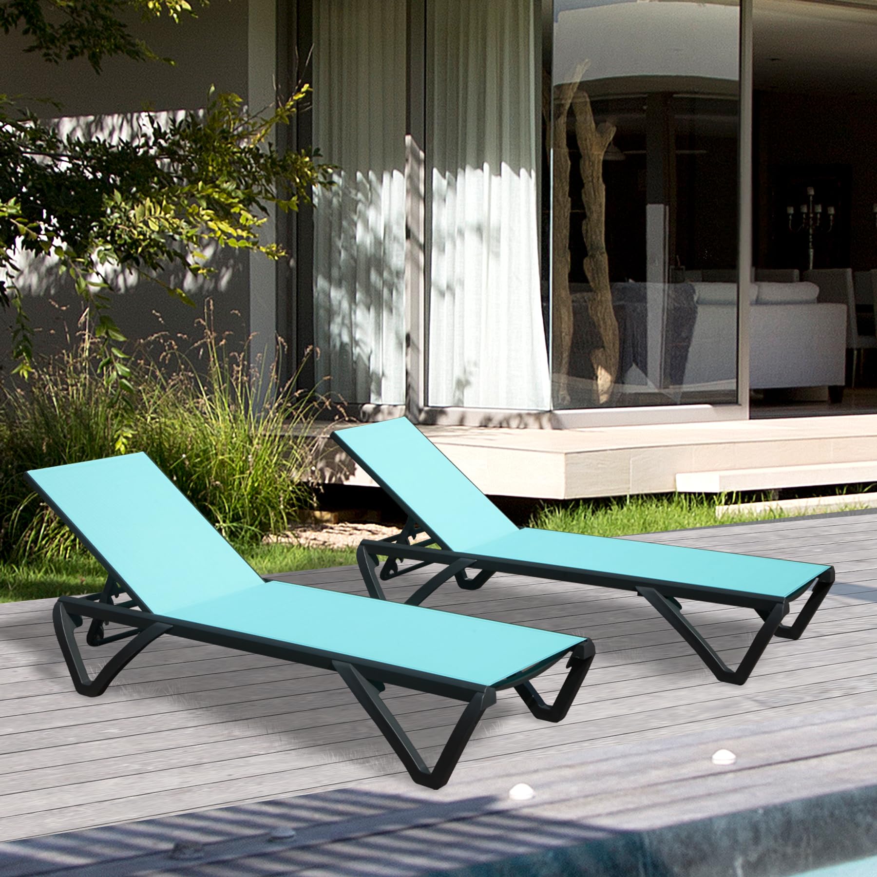 Domi Patio Lounge Chairs Set of 2, Aluminum Pool Chaise Lounge with 5 Position Adjustable Backrest and Wheels, Outdoor Lounge Chairs for Pool, Garden,