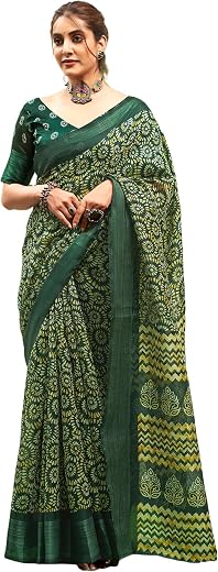 SIRIL Women's Cotton Blend Printed Zari Stripe Border Saree With Unstitched Blouse Piece