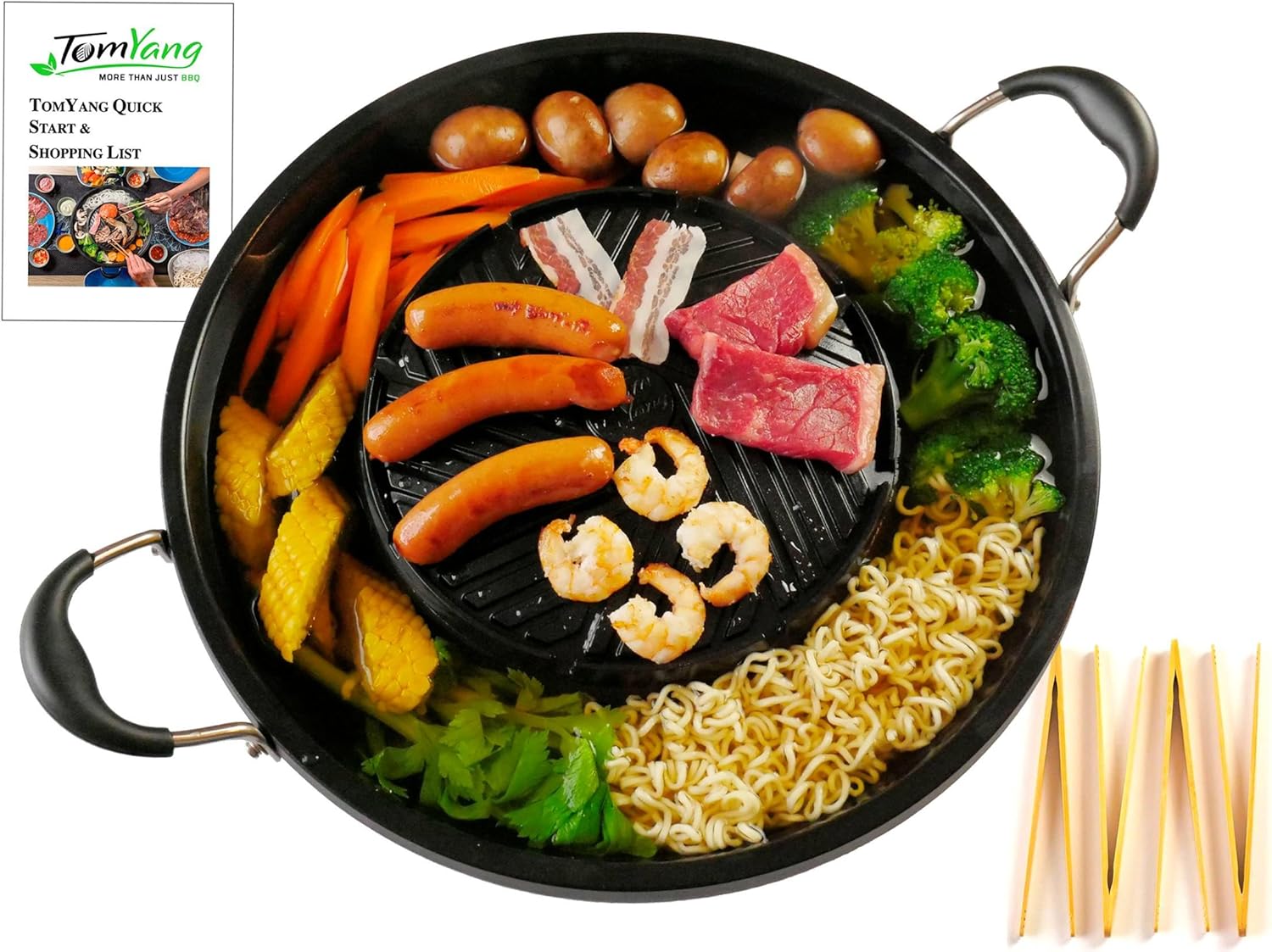 Korean Bbq Grill Pan, 13 inch, Camping Pan, Stove Top Non-stick Coating, More than 100 Recipe Videos, KBBQ pan, 4 x Bamboo tongs, Dishwasher, Grill Pan, Korean food