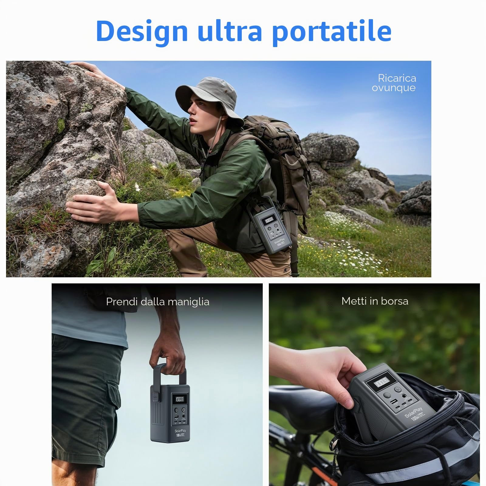 SolarPlay Q100 Powerbank da 2500 mAh/92,5 Wh con 5 porte, 3 USB C (1 x 100 W)/USB-A/con Mppt, ricarica completa in 48 minuti, power bank portatile, ideale per viaggi e campeggio