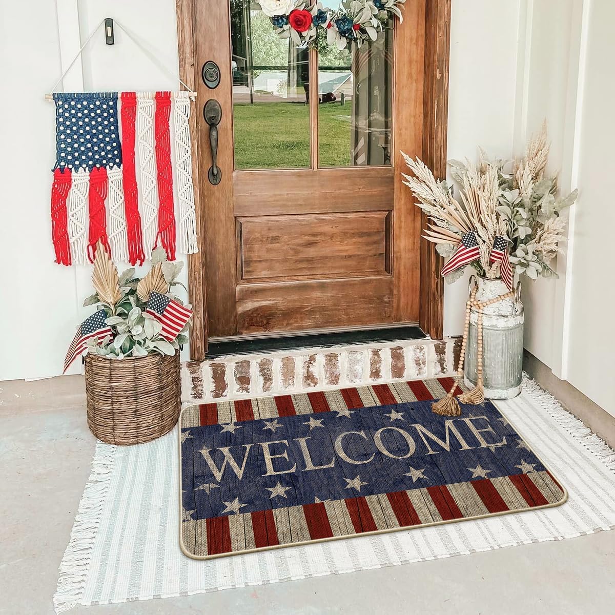 Artoid Mode Stripes Stars Welcome 4TH of July Doormat, Memorial Day Home Decor Low-Profile Switch Rug Door Mat Floor Mat for Indoor Outdoor 24x35 Inch